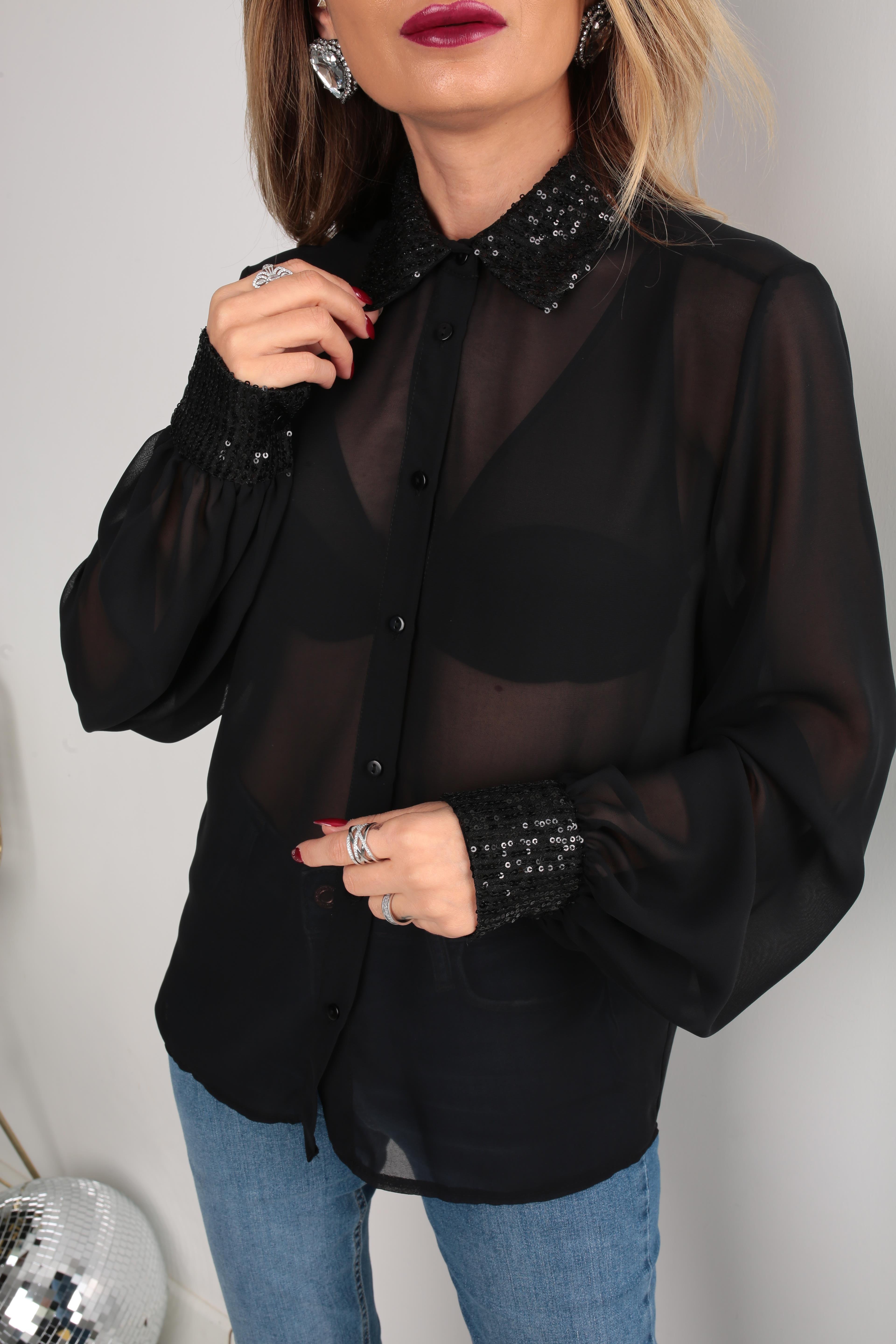 Yakası Payetli Şifon Gömlek GÖMLEK