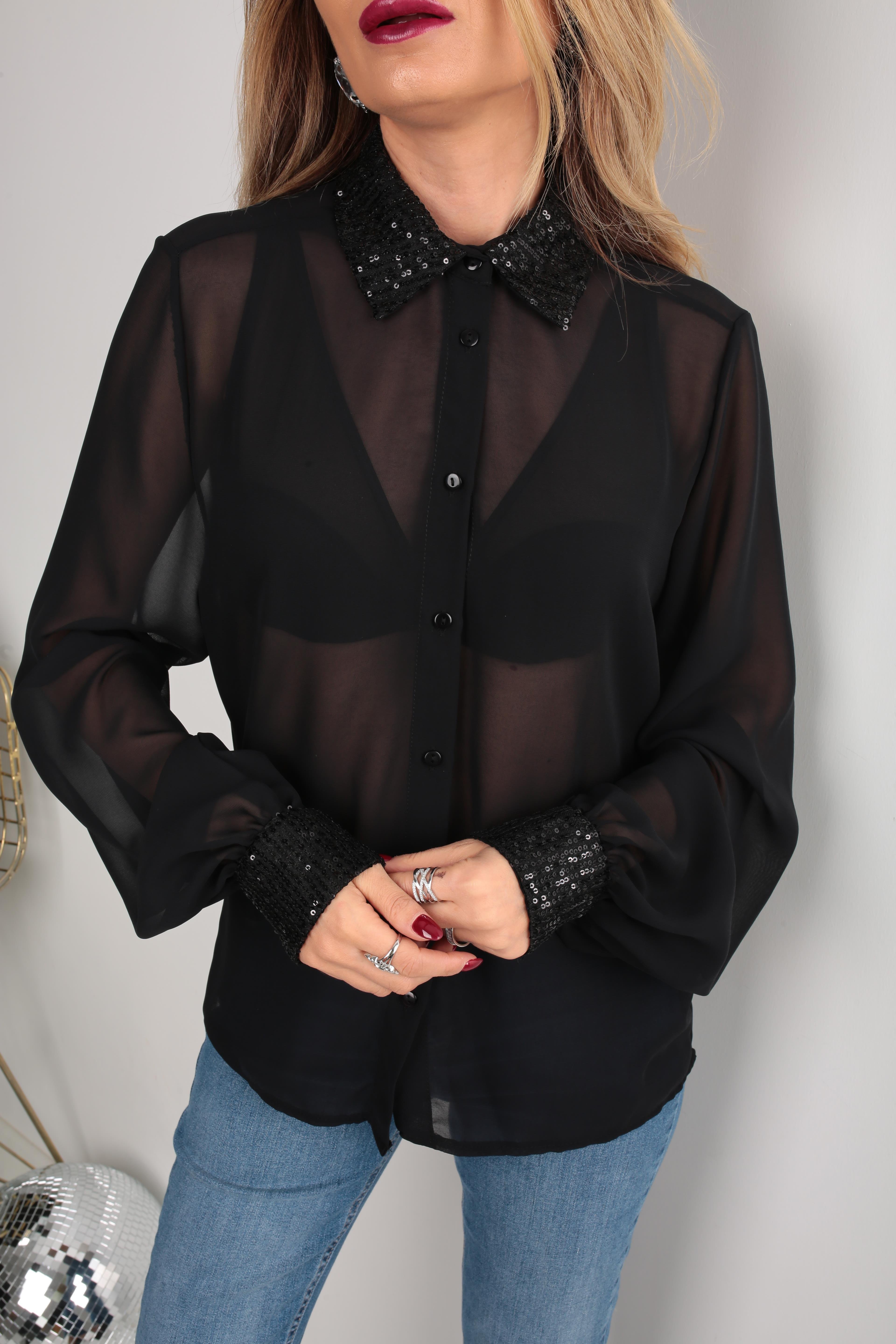 Yakası Payetli Şifon Gömlek GÖMLEK