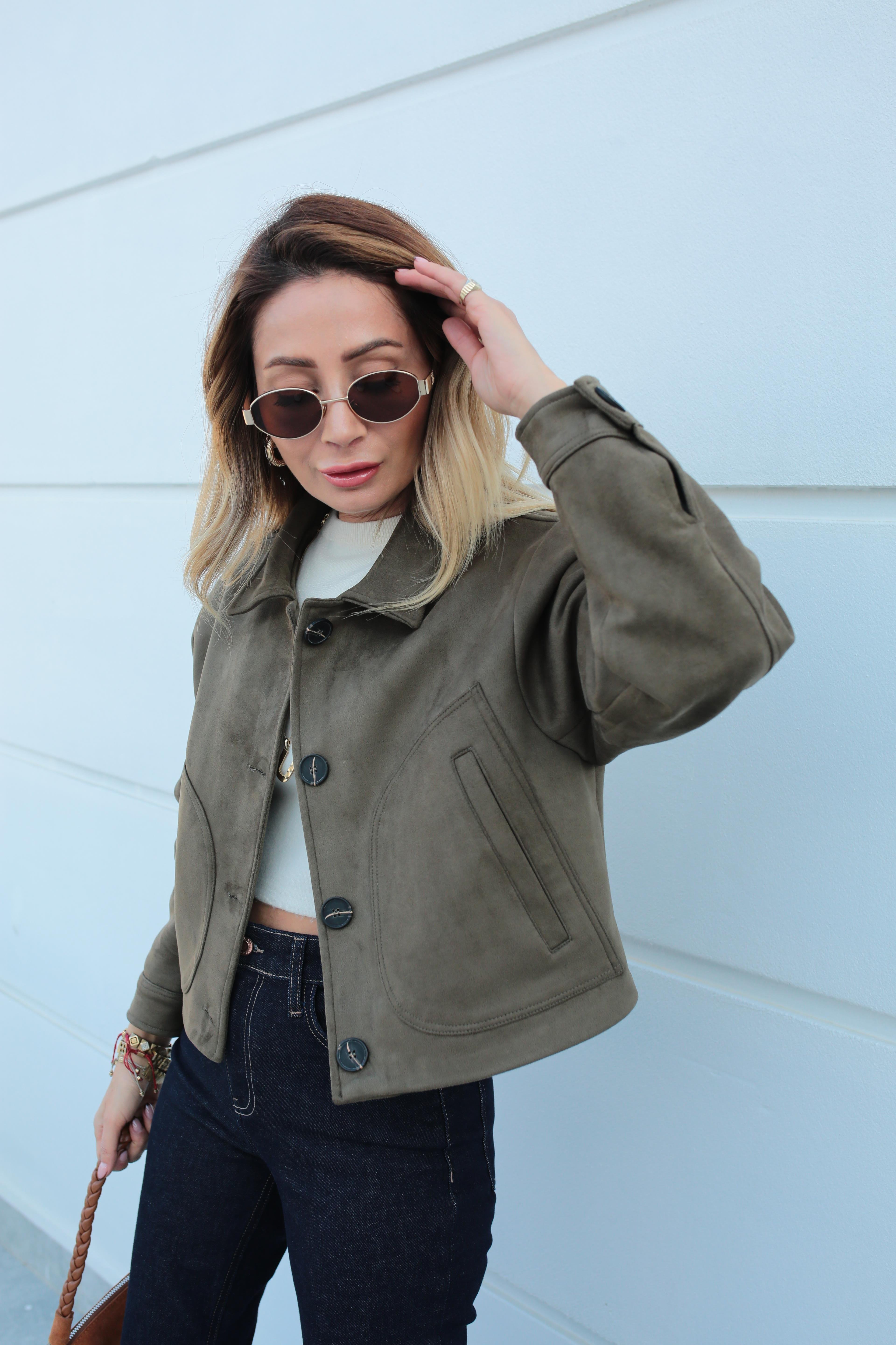 Yan Cepli Haki Kısa Nubuk Ceket CEKET