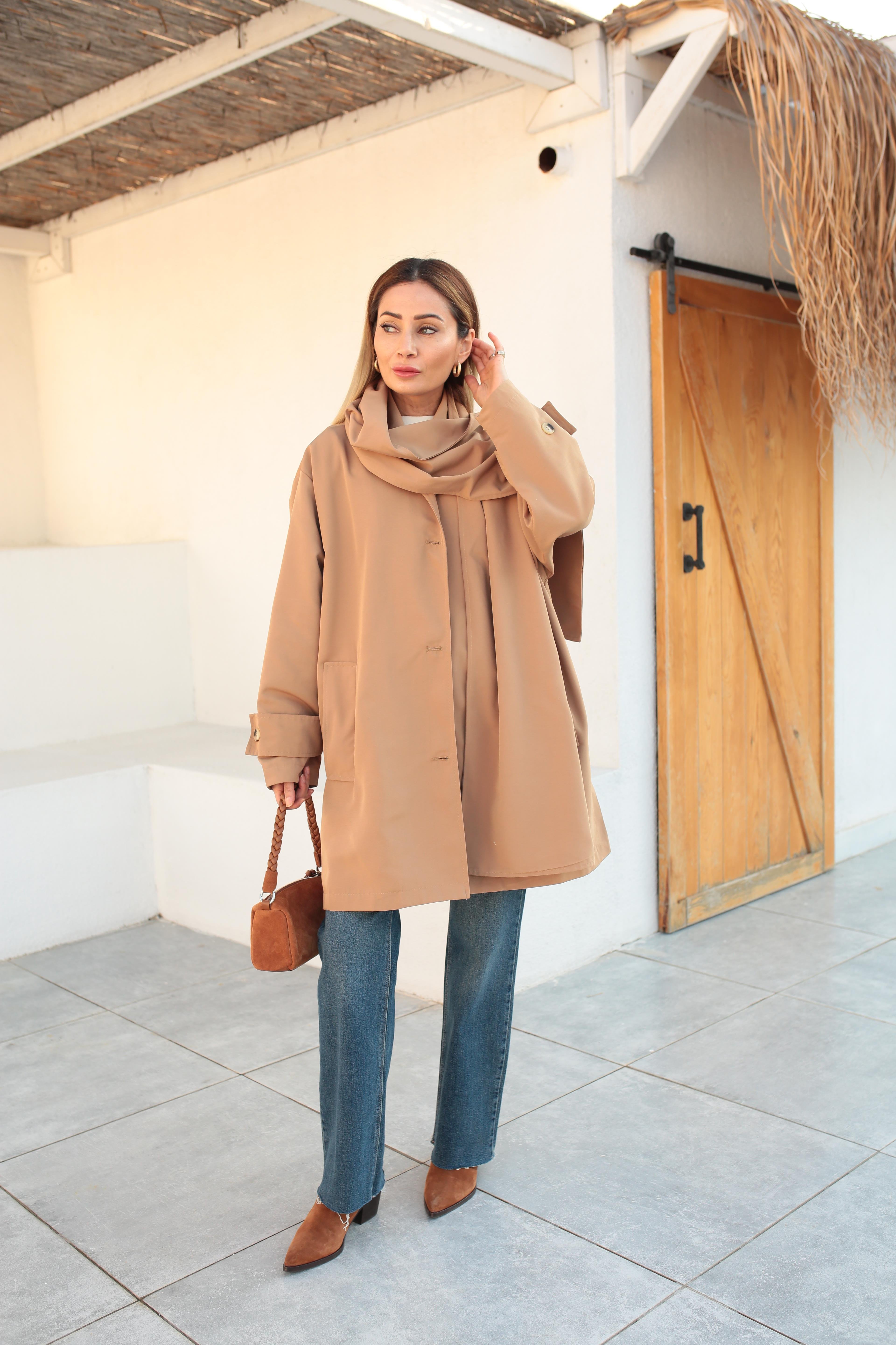 Yan Cepli Şallı Camel Treçkot TRENÇKOT