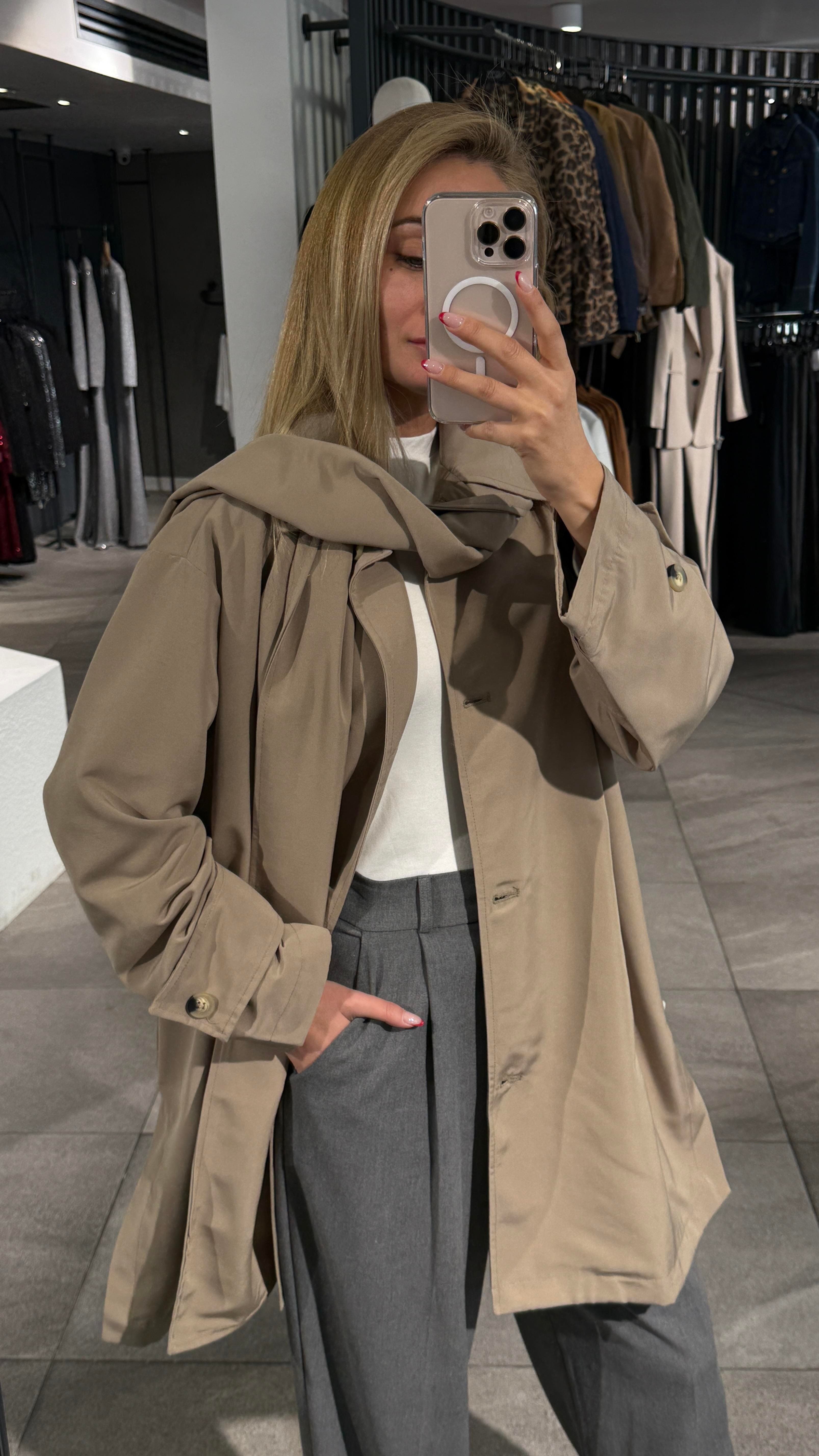 Yan Cepli Şallı Haki Treçkot TRENÇKOT