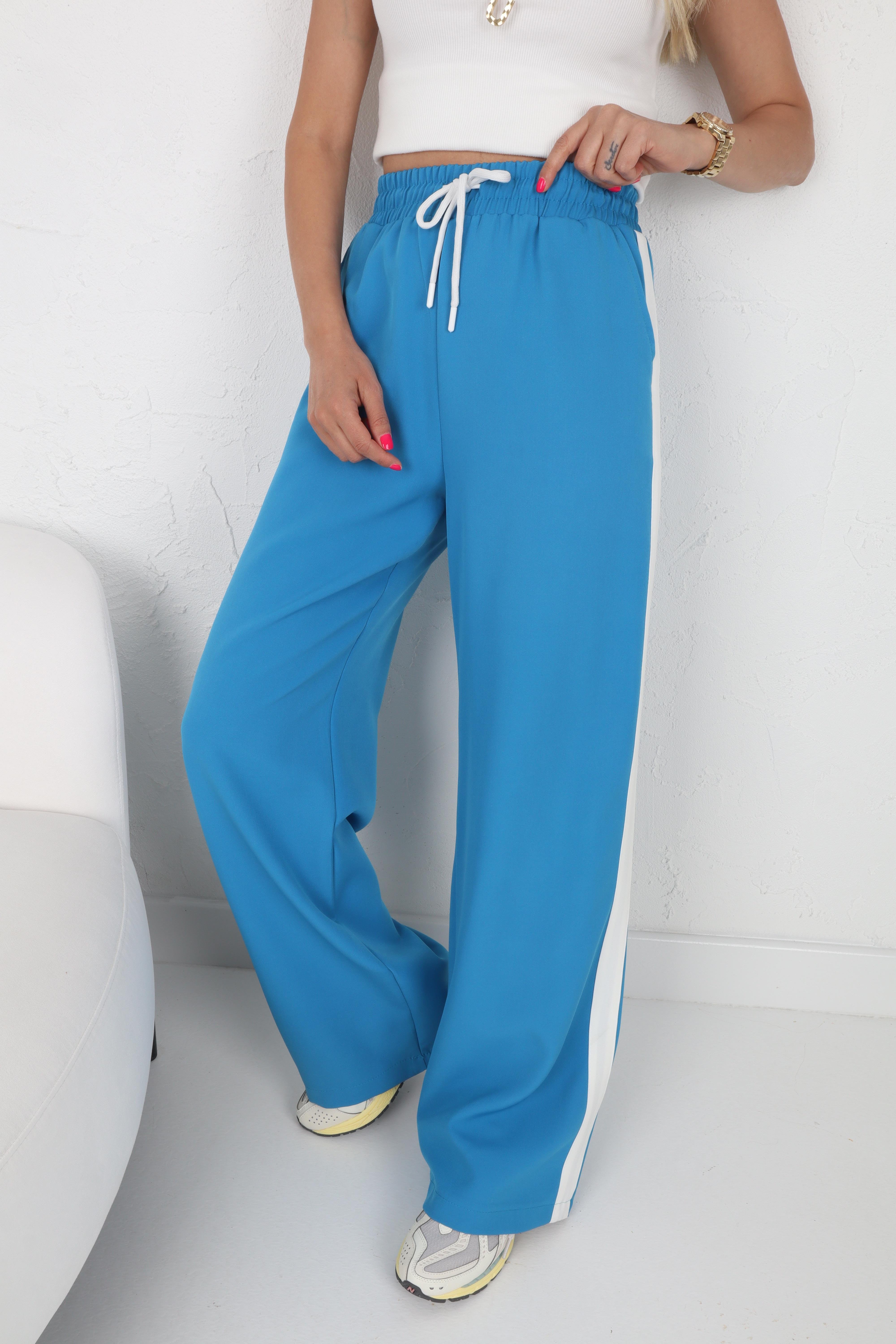 Yanları Şeritli Bağcıklı Mavi Pantolon PANTOLON