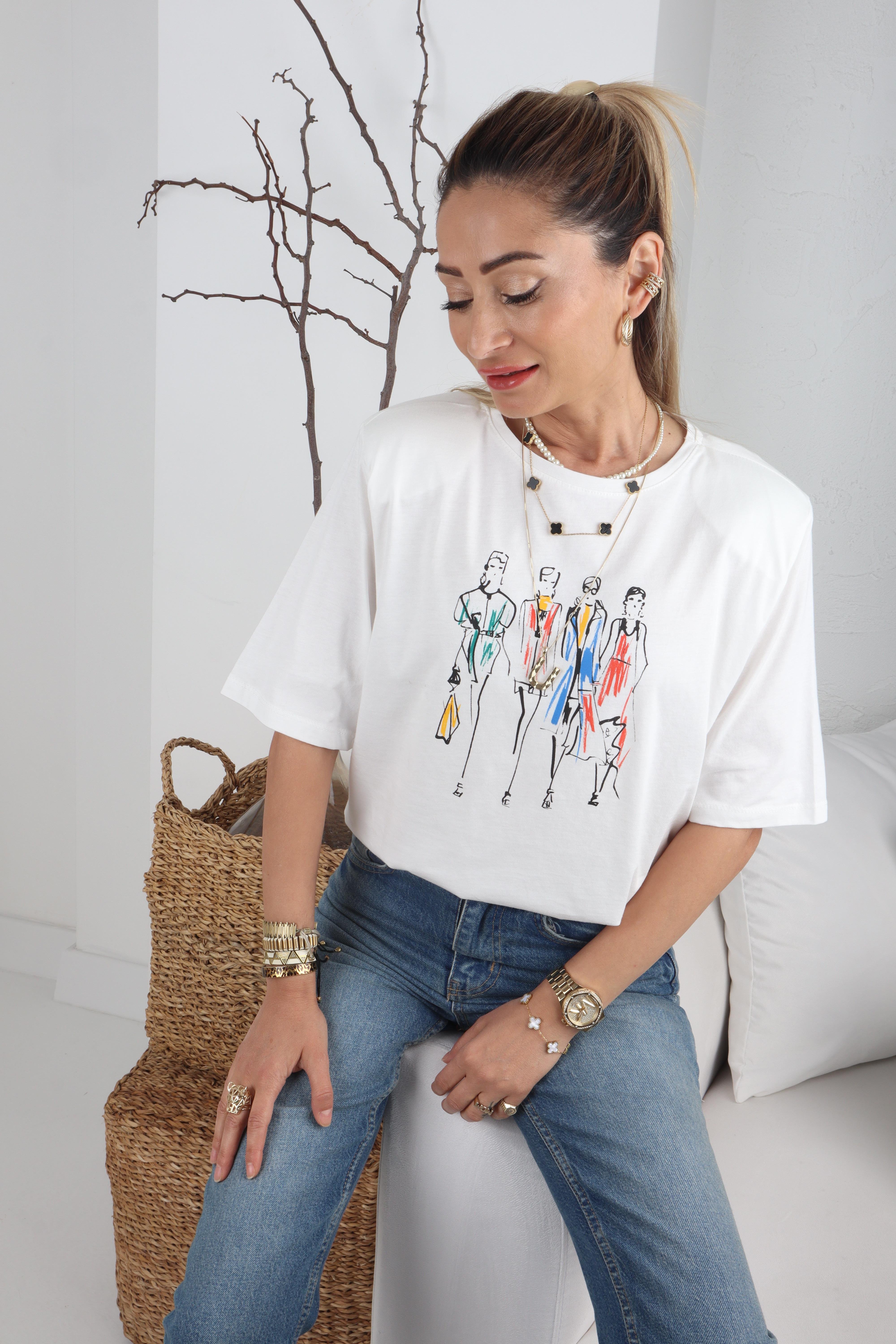 Yarım Kollu Vatkalı Kadın Baskılı Tshirt T-SHİRT