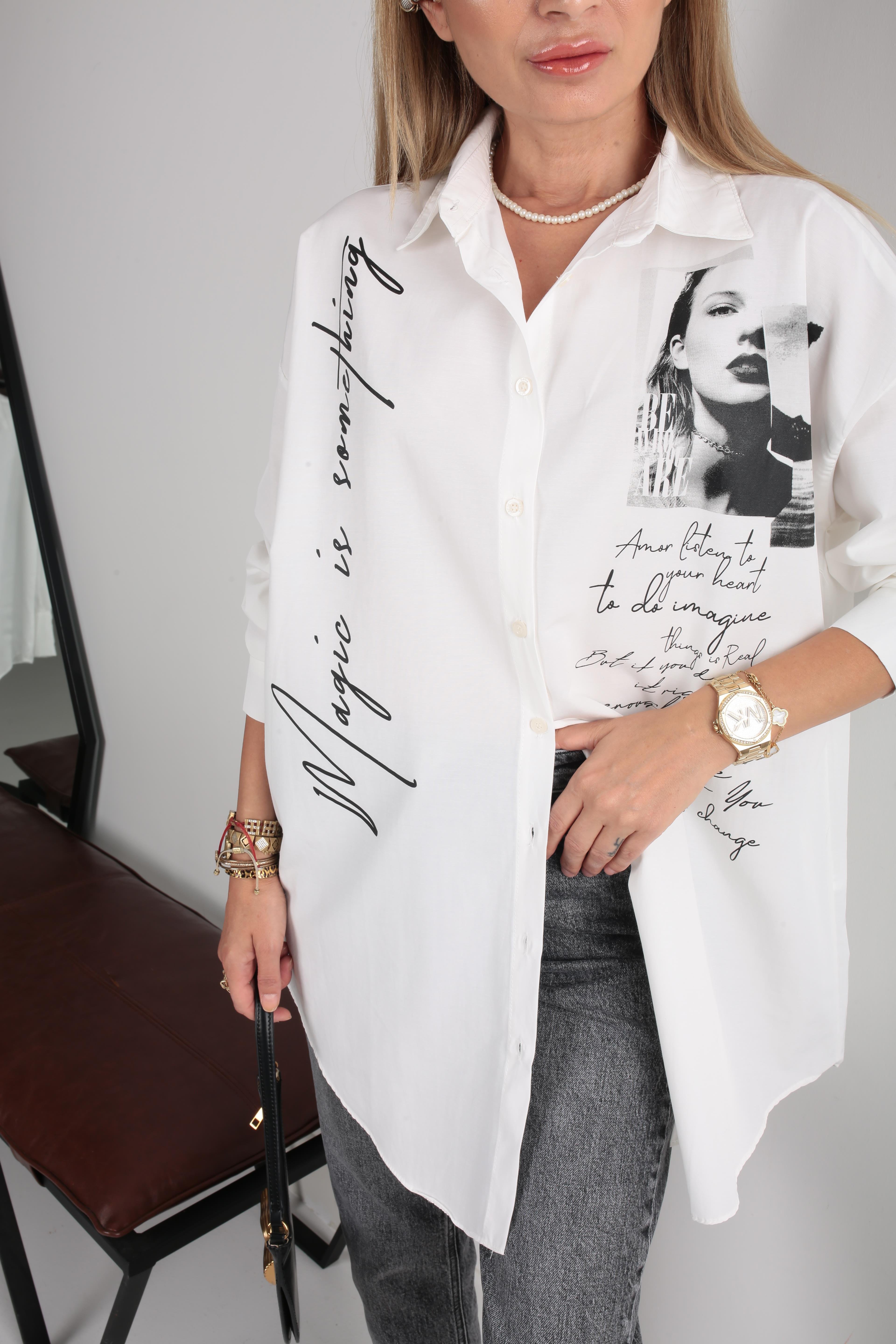 Yazı Baskılı Oversize Ekru Gömlek GÖMLEK