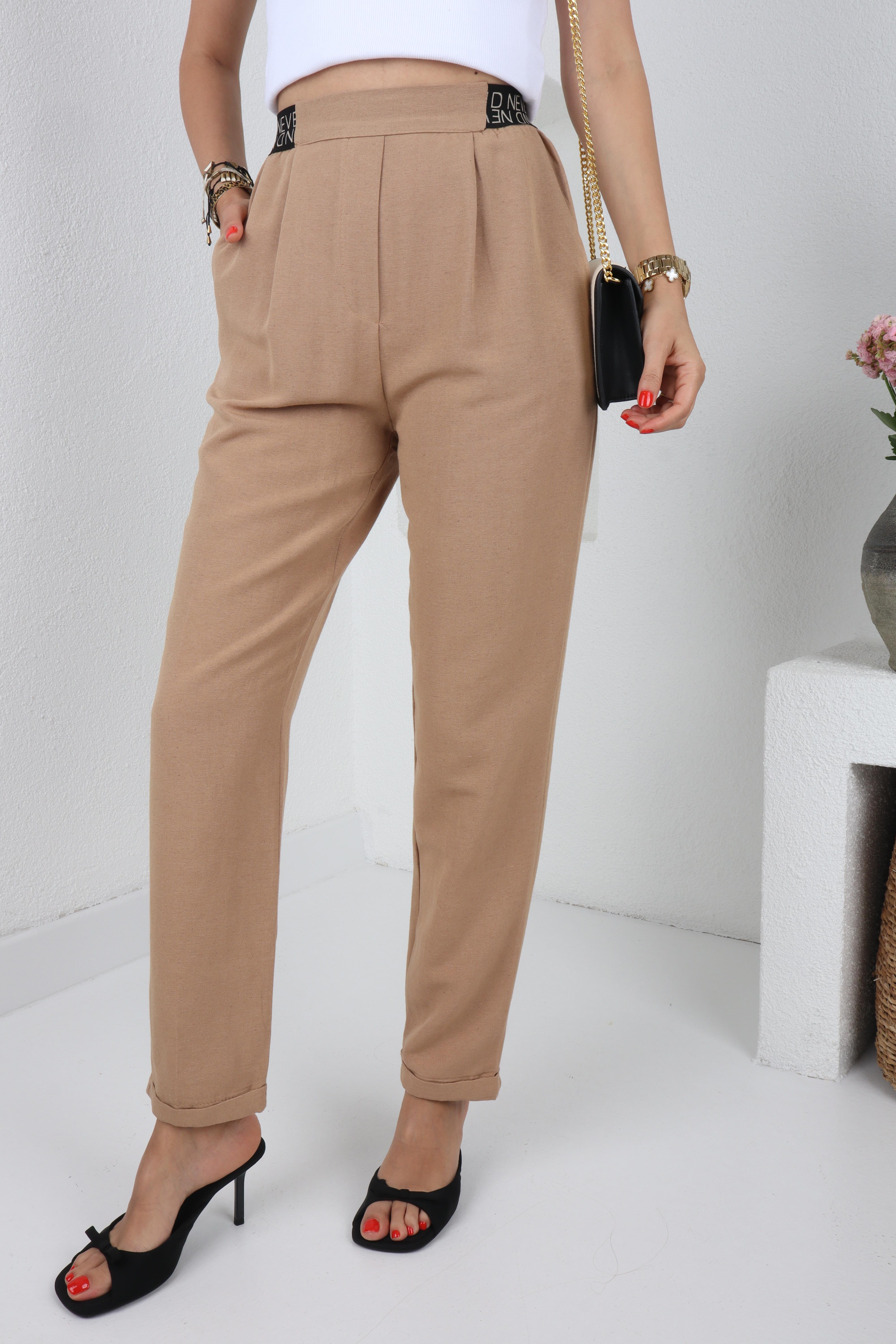 Yazı Lastik Kemerli Camel Keten Pantolon PANTOLON