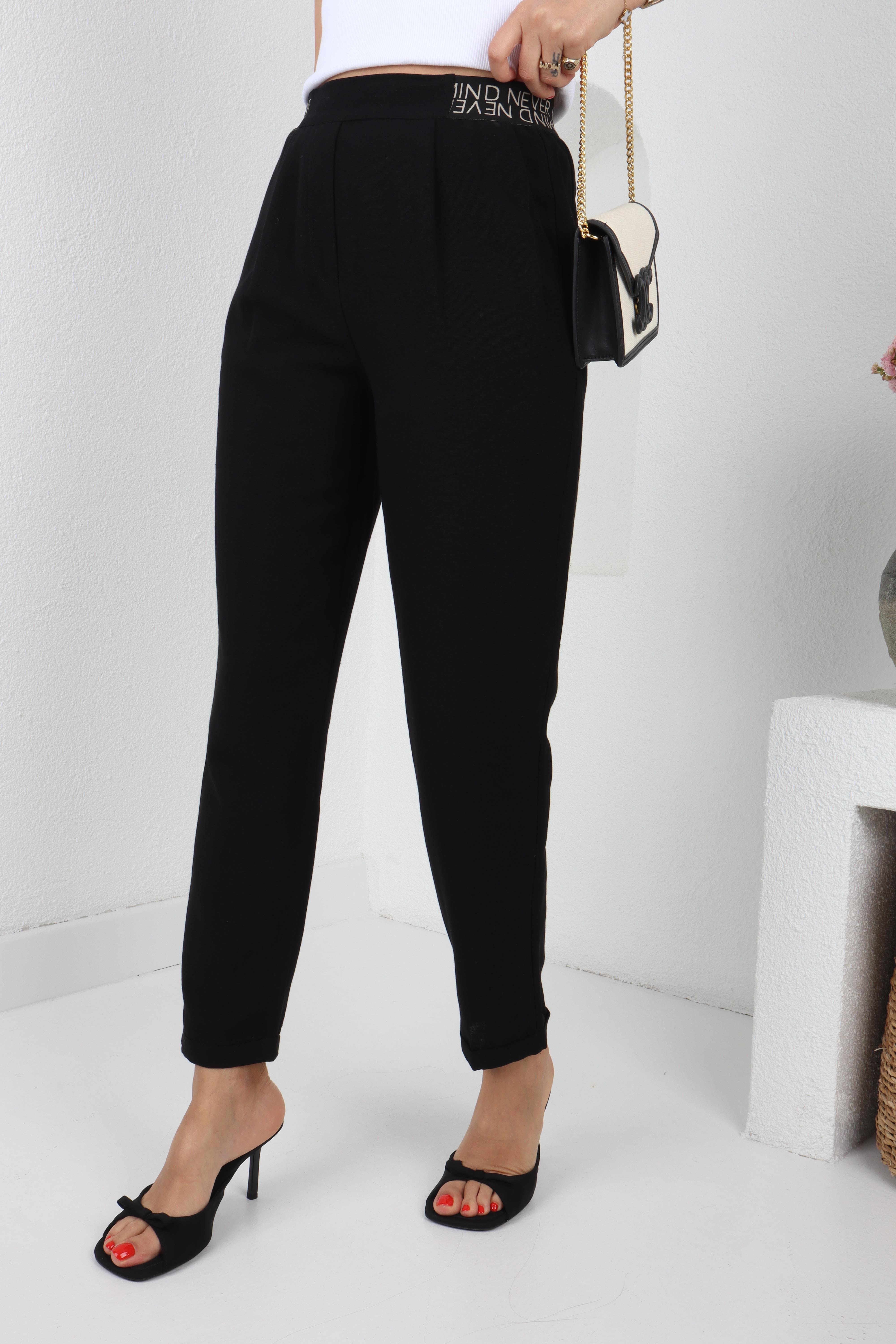 Yazı Lastik Kemerli Siyah Keten Pantolon PANTOLON