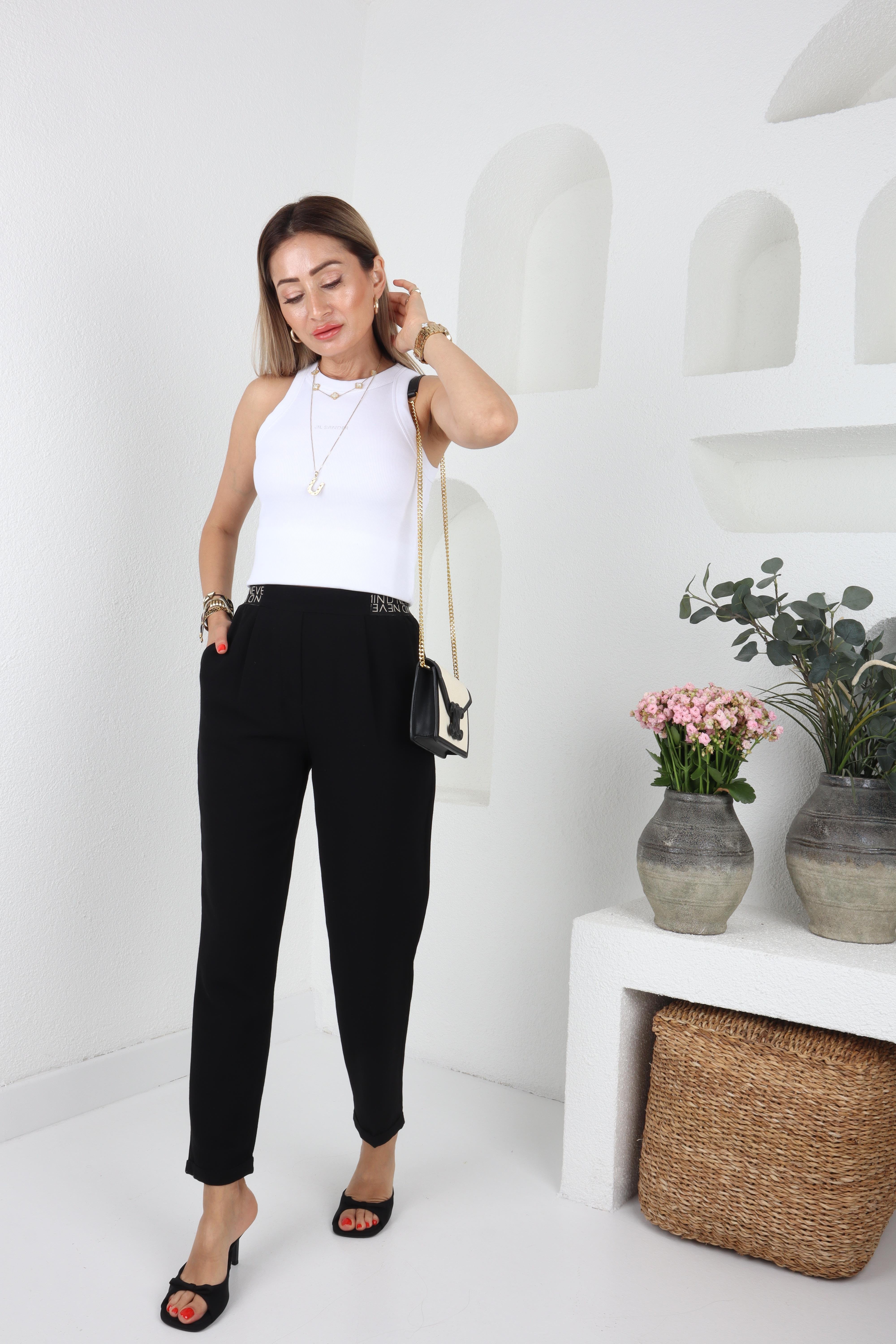 Yazı Lastik Kemerli Siyah Keten Pantolon PANTOLON