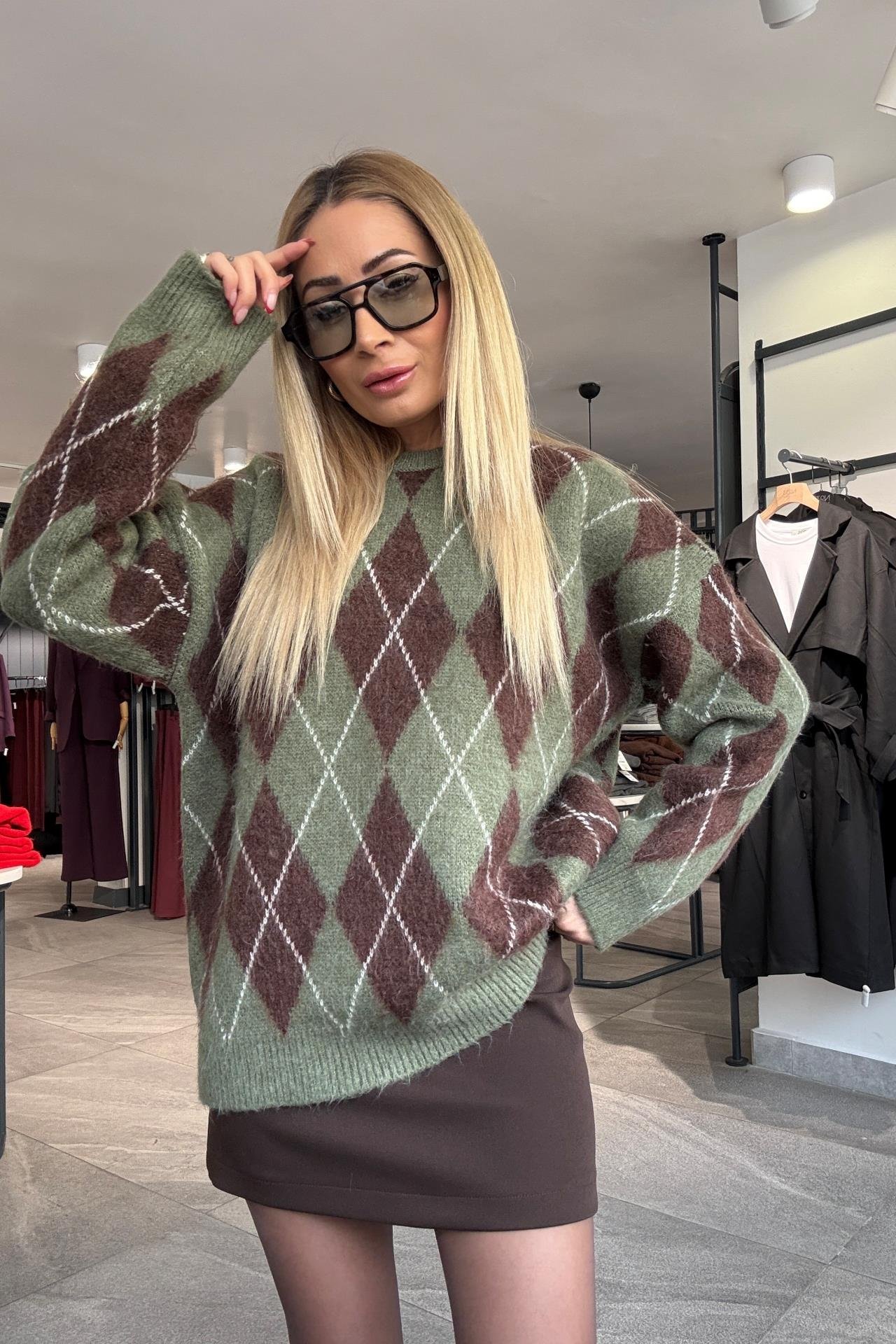 Yeşil Baklava Desen Kazak TRİKO VE KAZAK