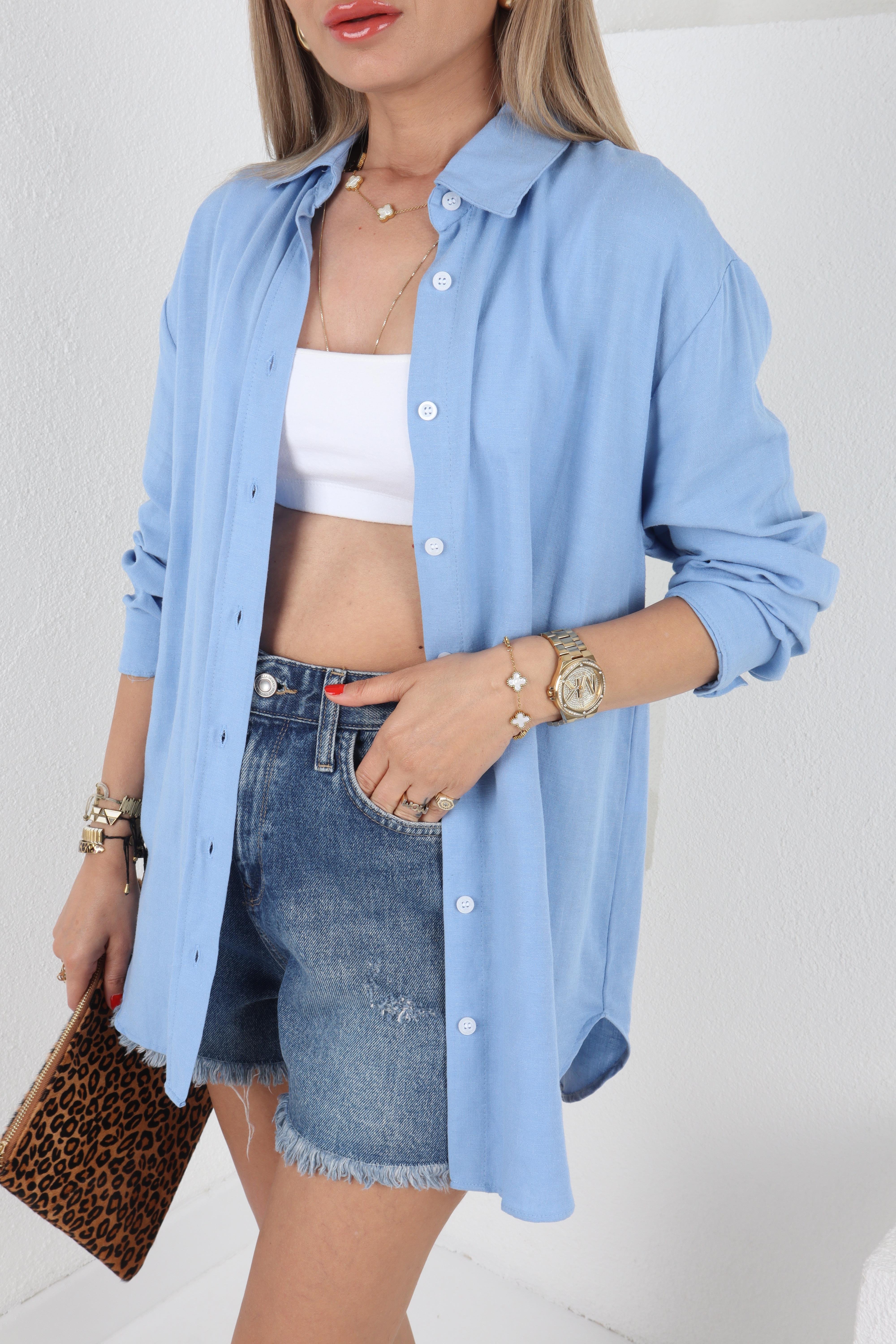 Yırtmaçlı Mavi Keten Gömlek GÖMLEK