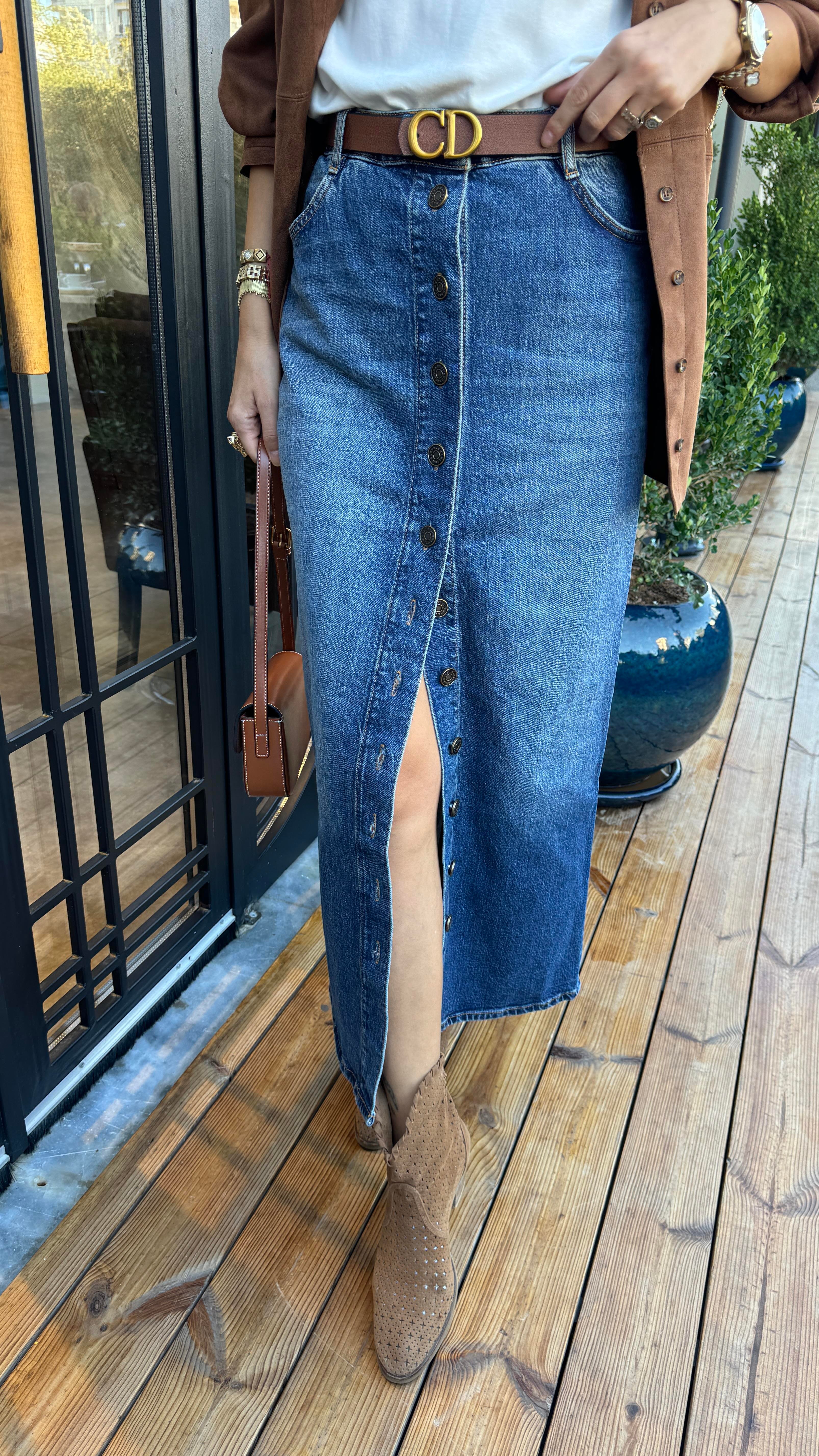 Yırtmaçlı Önden Düğmeli Uzun Denim Etek ETEK