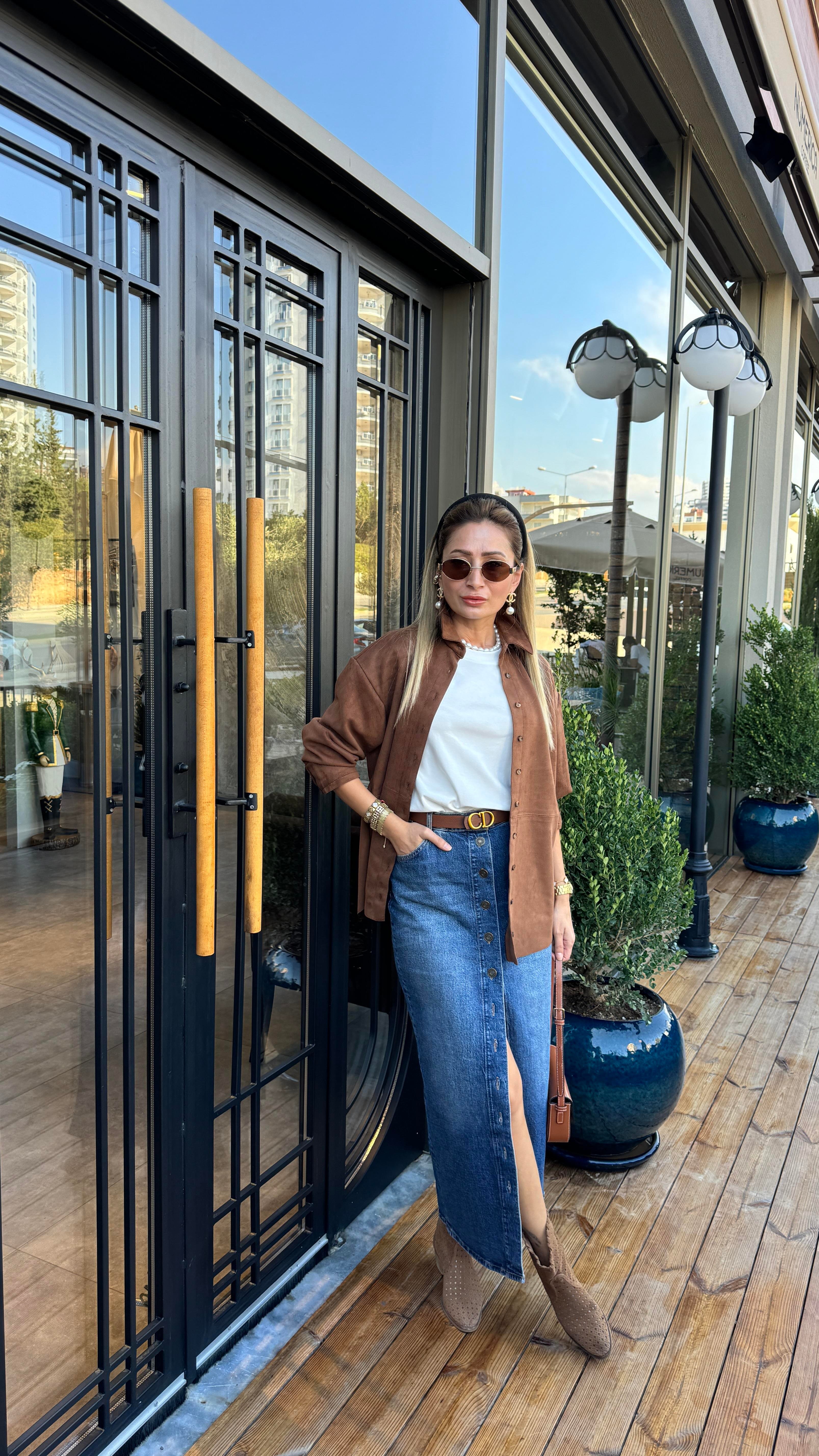 Yırtmaçlı Önden Düğmeli Uzun Denim Etek ETEK