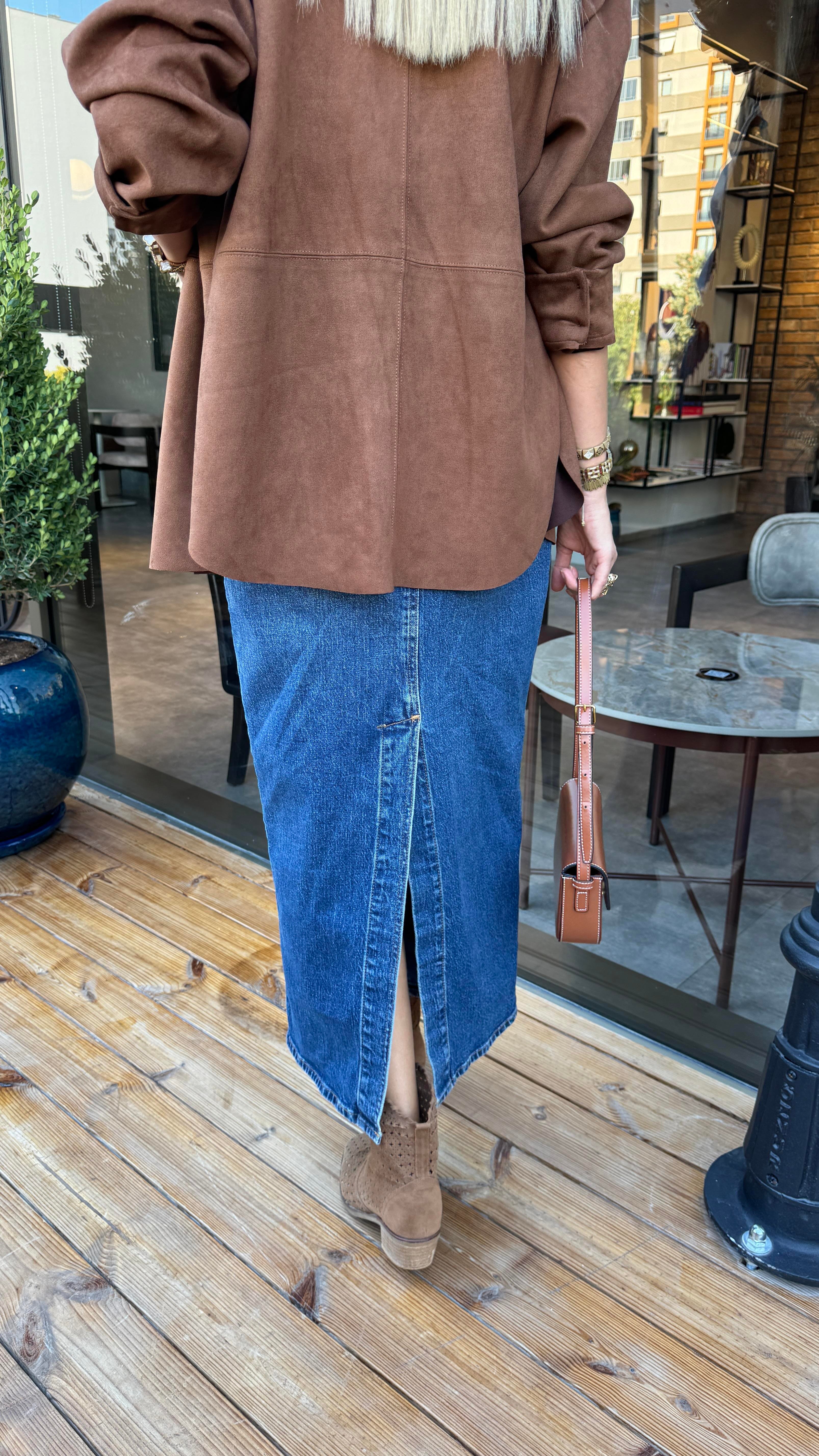 Yırtmaçlı Önden Düğmeli Uzun Denim Etek ETEK