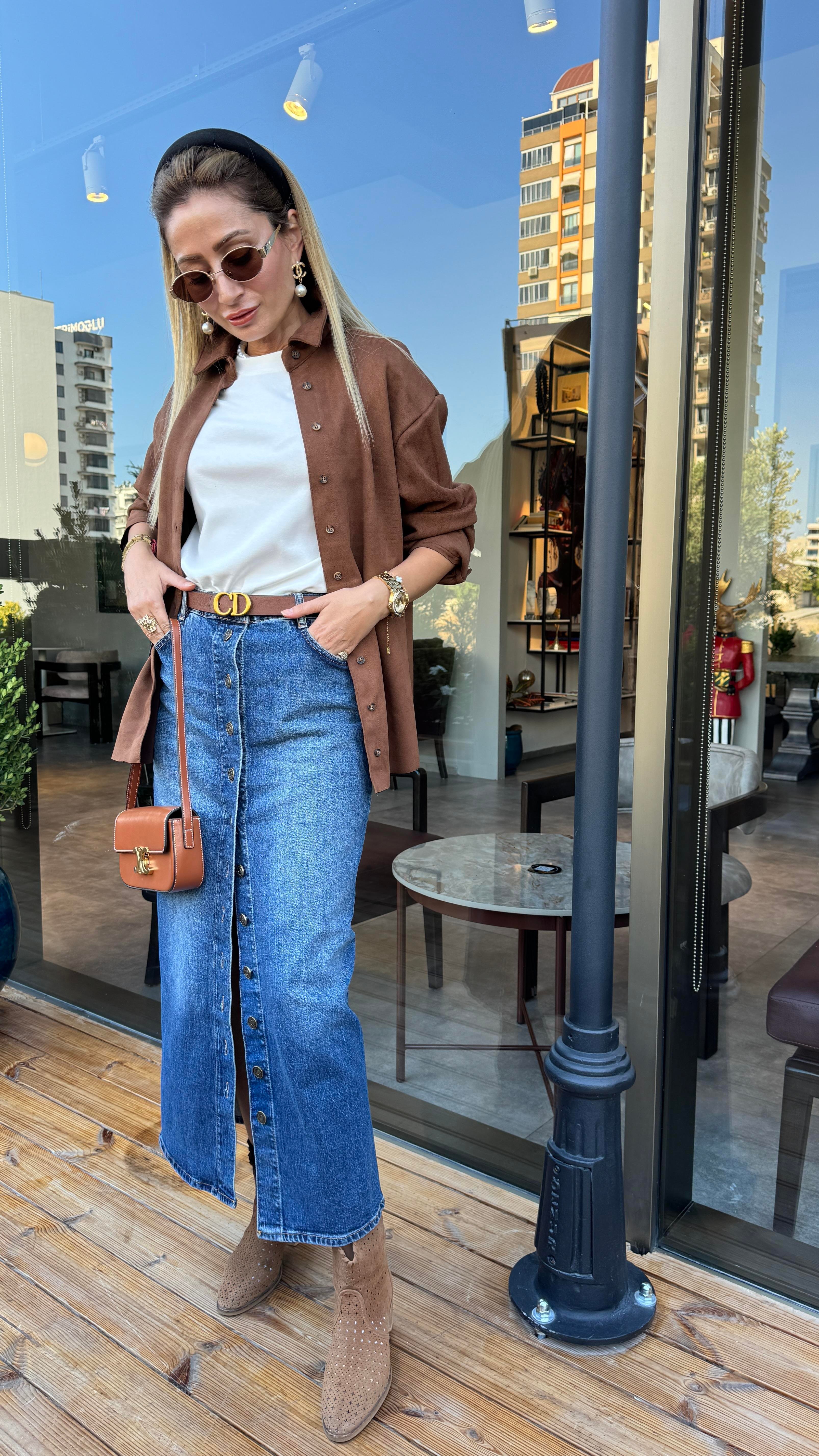 Yırtmaçlı Önden Düğmeli Uzun Denim Etek ETEK