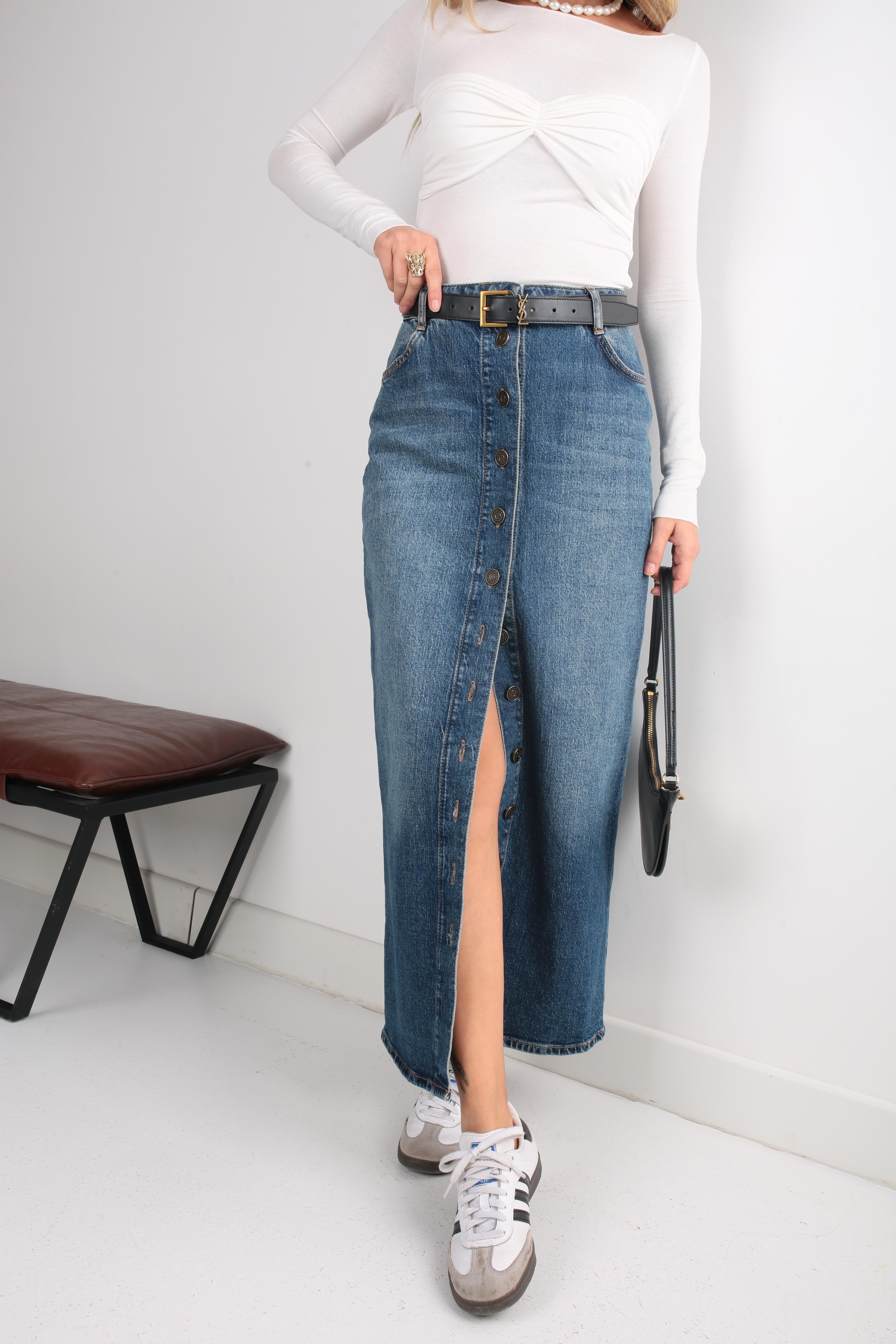 Yırtmaçlı Önden Düğmeli Uzun Denim Etek ETEK