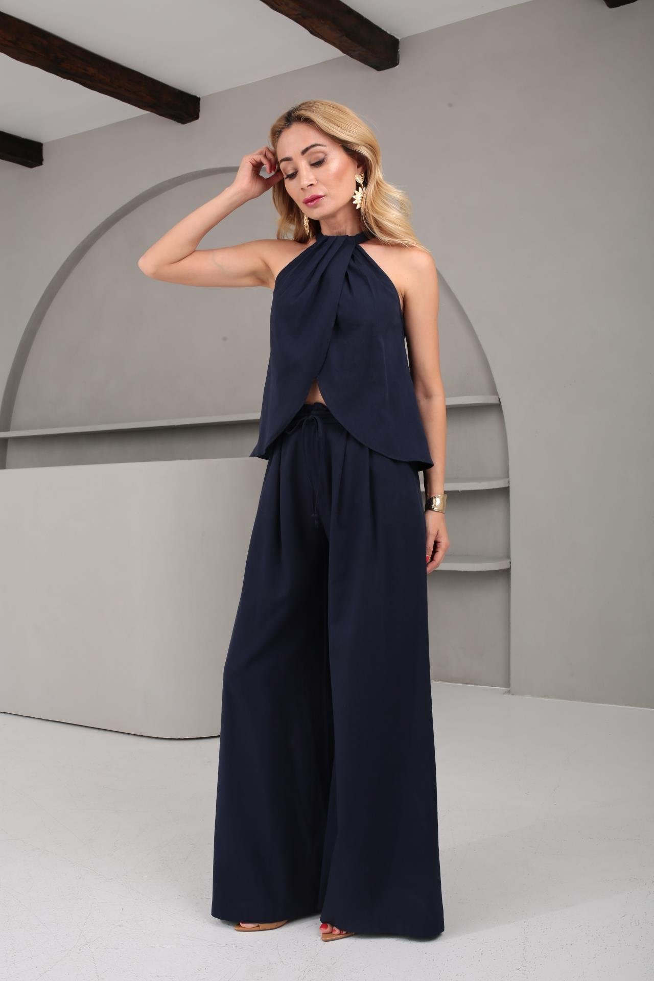 Yüzücü Kol Pileli Lacivert Keten Takım TAKIM | NO33