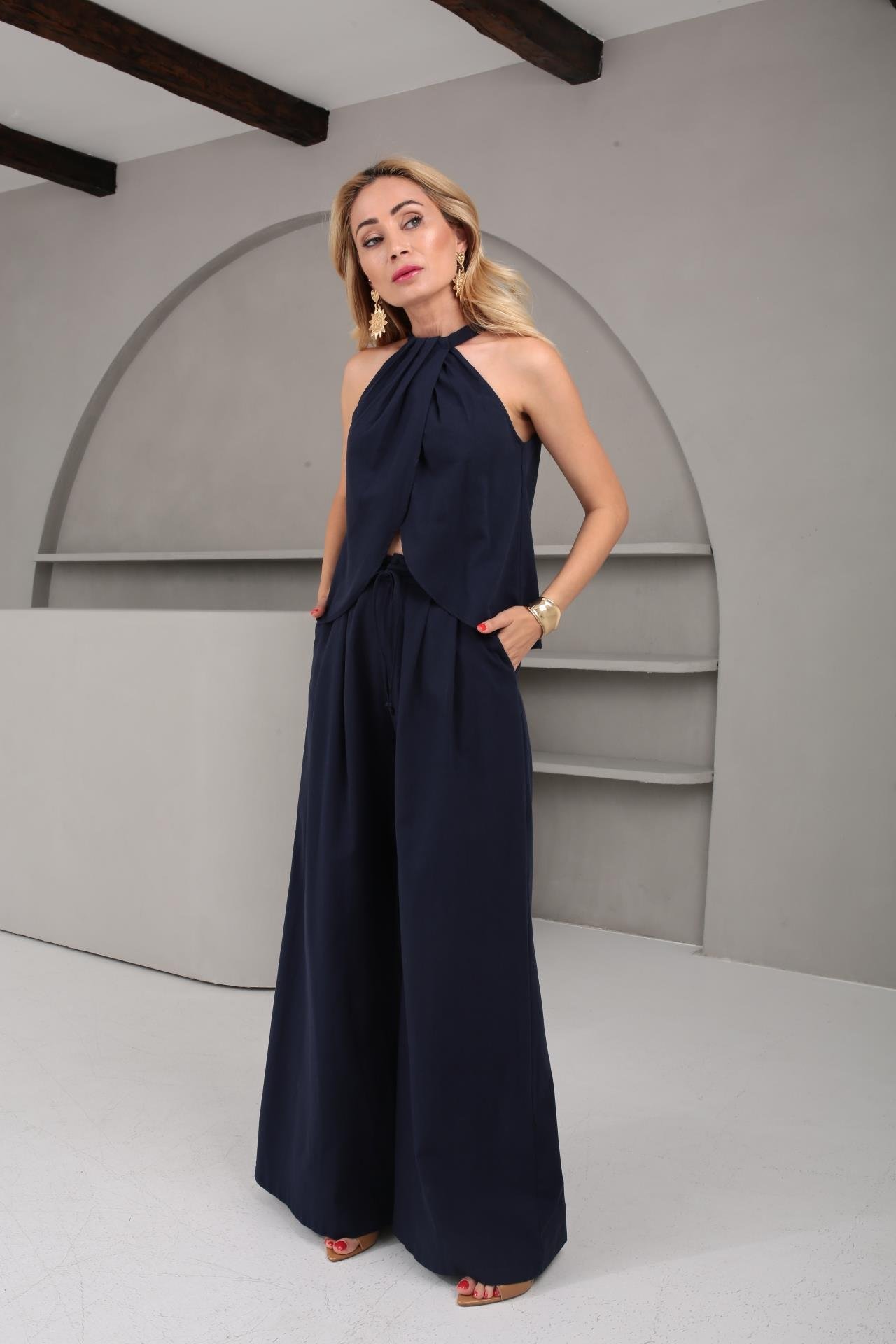 Yüzücü Kol Pileli Lacivert Keten Takım TAKIM | NO33