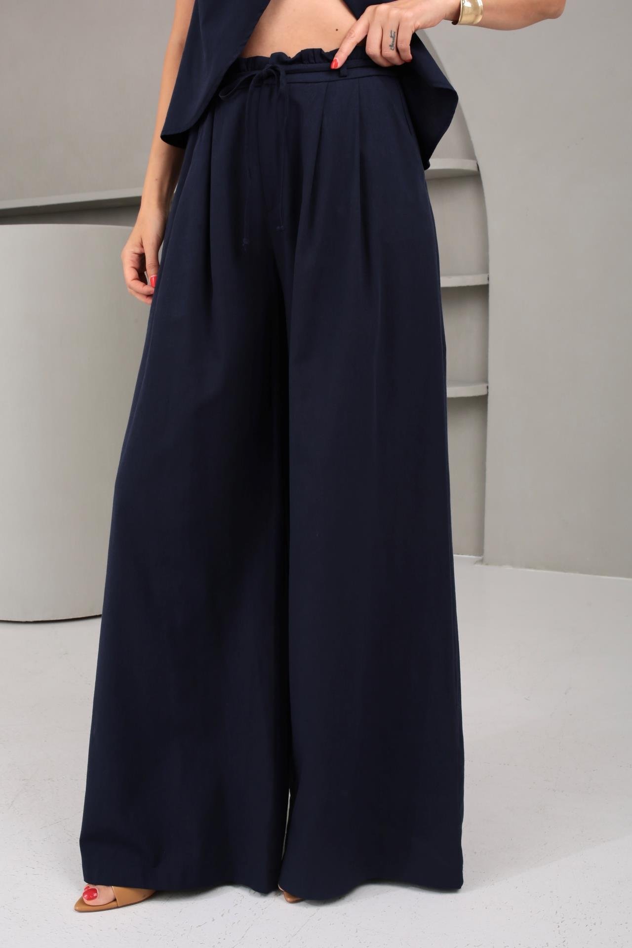 Yüzücü Kol Pileli Lacivert Keten Takım TAKIM | NO33