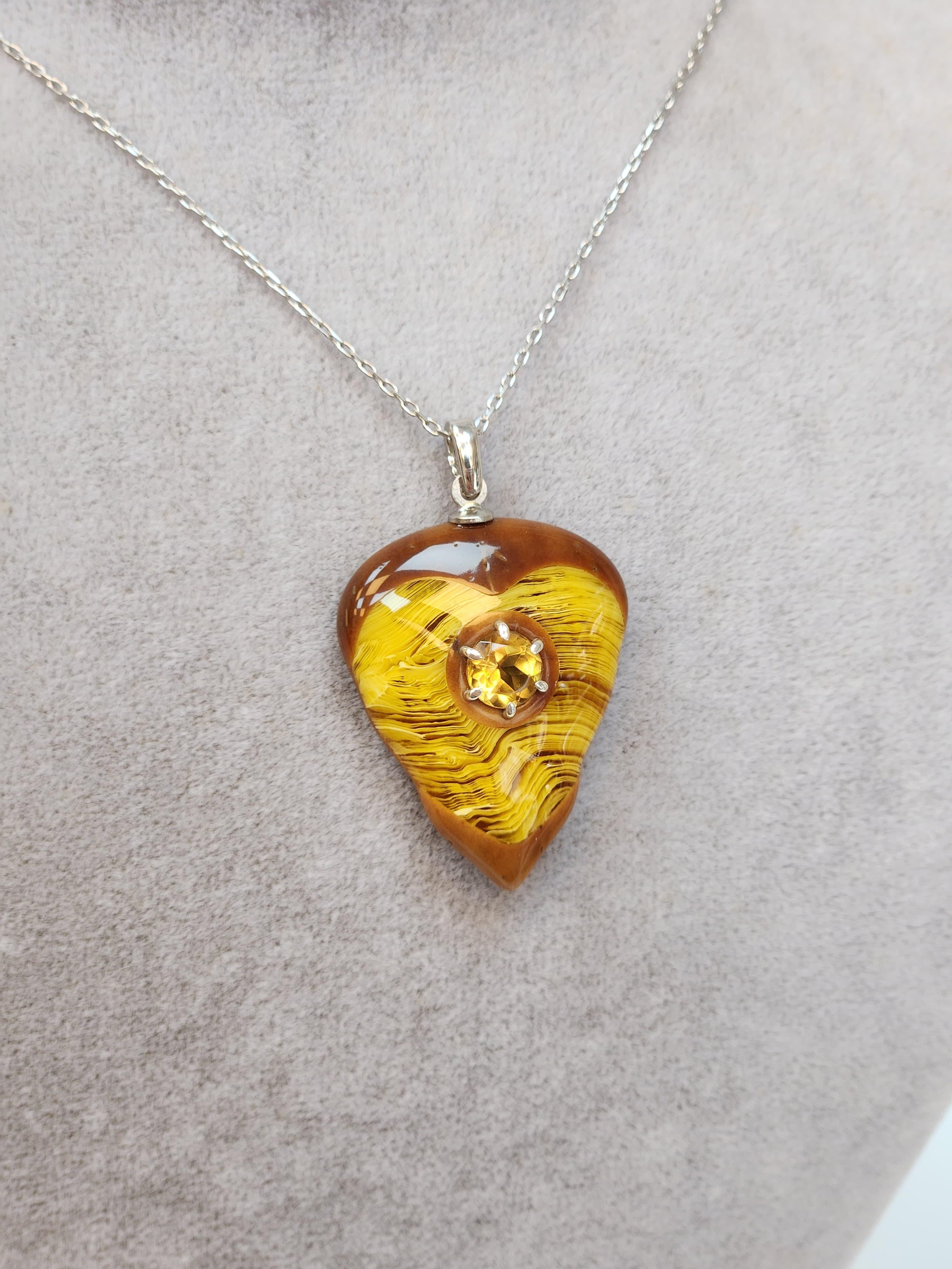 Citrine Taşı Bakalit Gümüş Kolye 