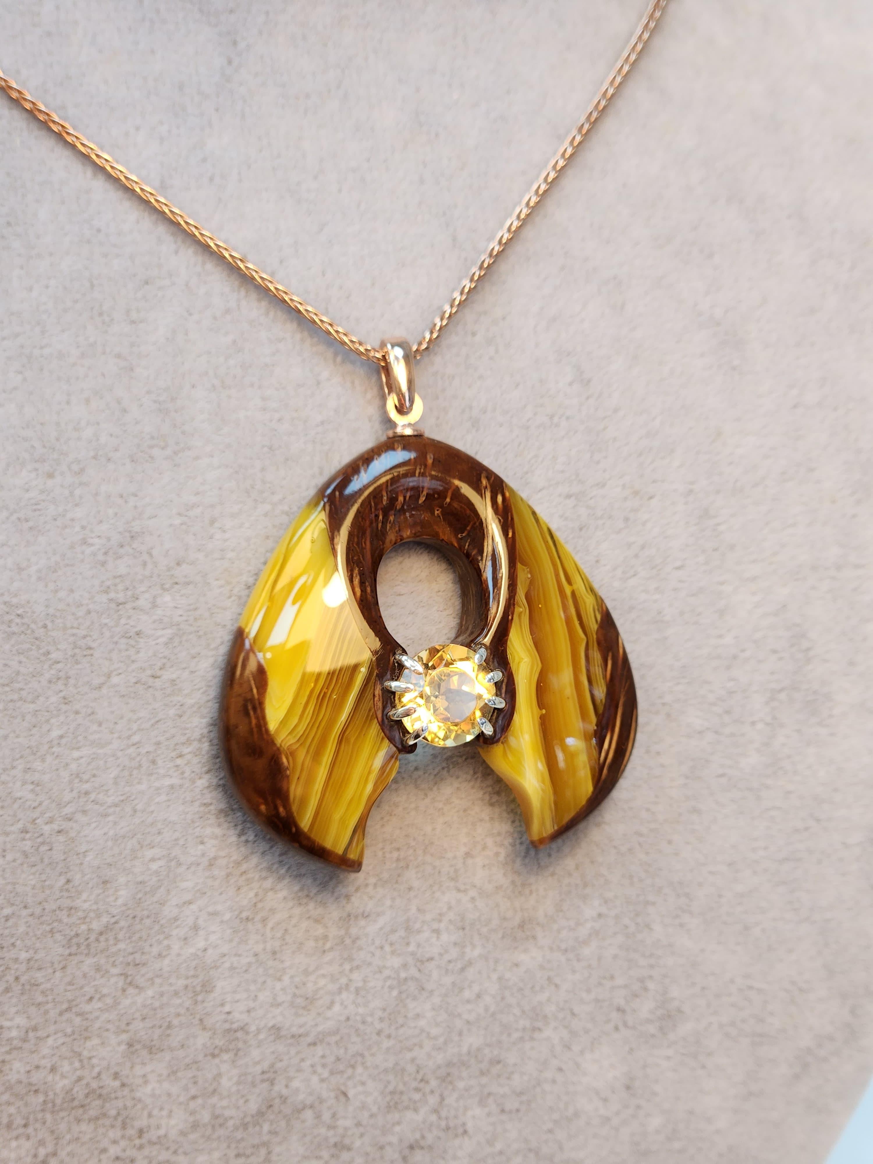 Citrine Taşı Bakalit Gümüş Kolye 