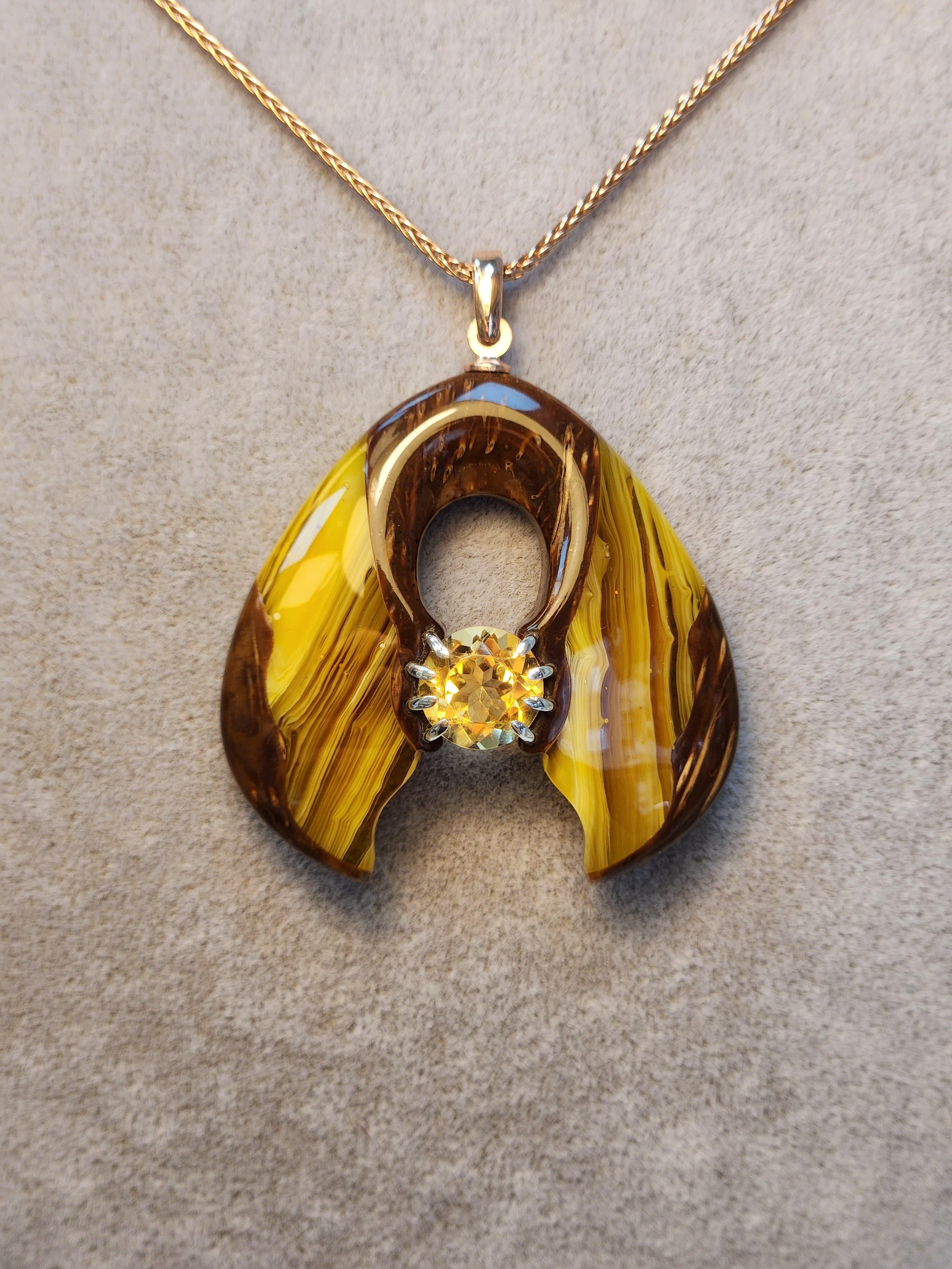 Citrine Taşı Bakalit Gümüş Kolye 