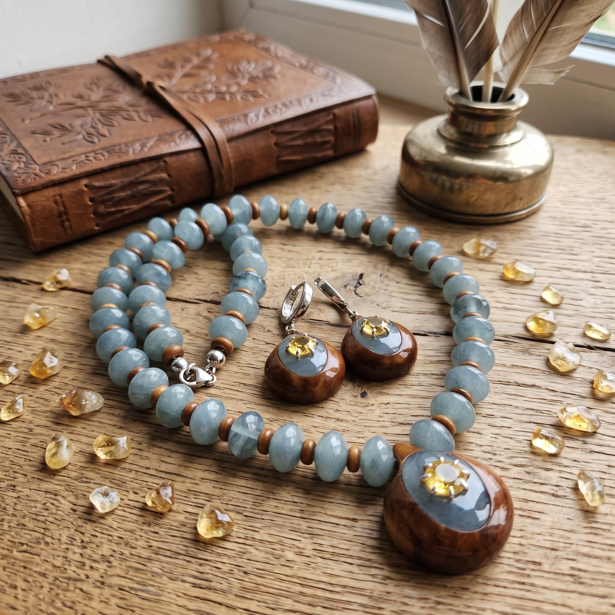 Sitrin Taşlı Bakalit & Kuka Gümüş Set 