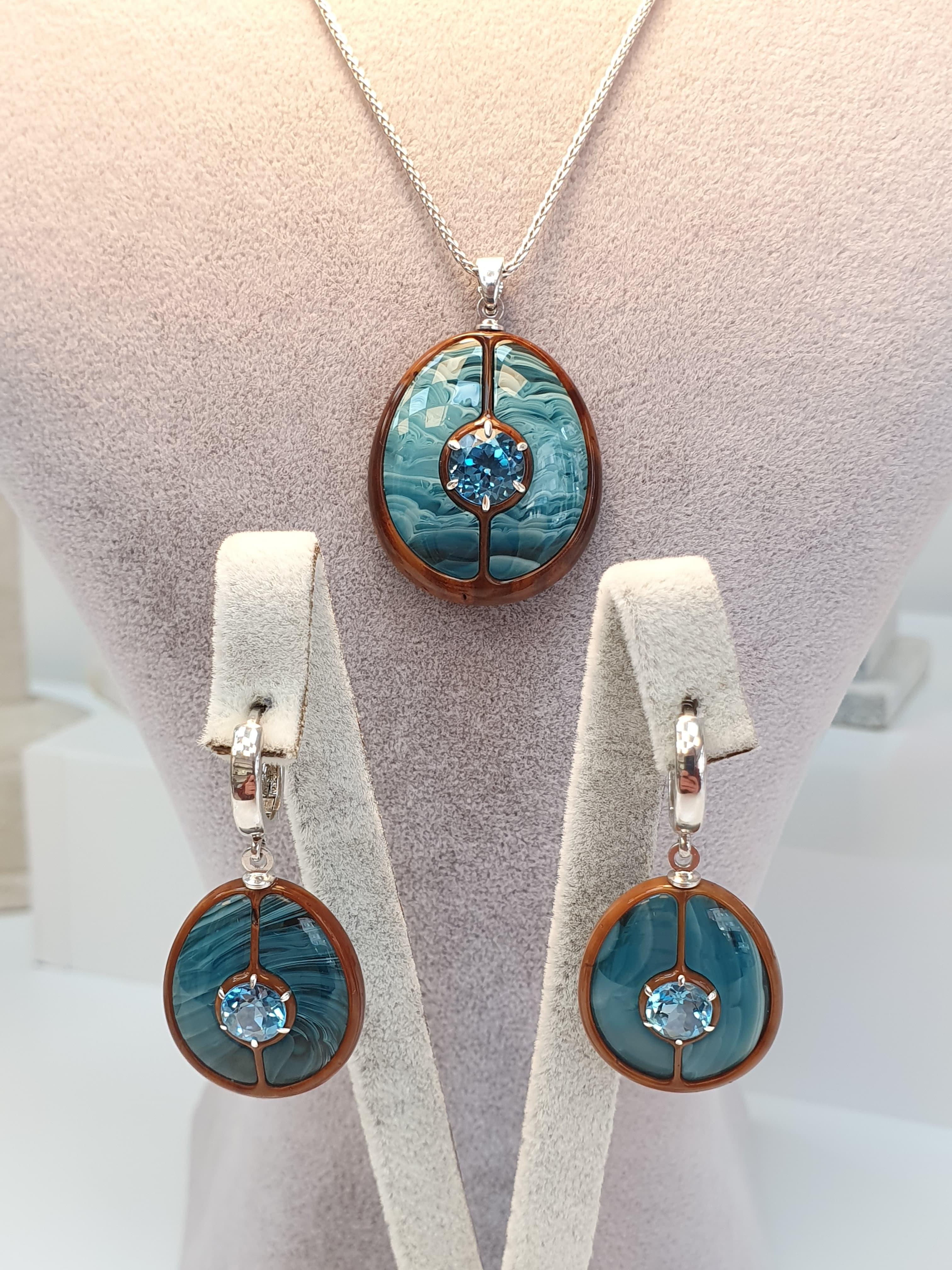 Swiss Blue Topaz Sıkma Kehribar Gümüş Set ( Turkuaz Ton )