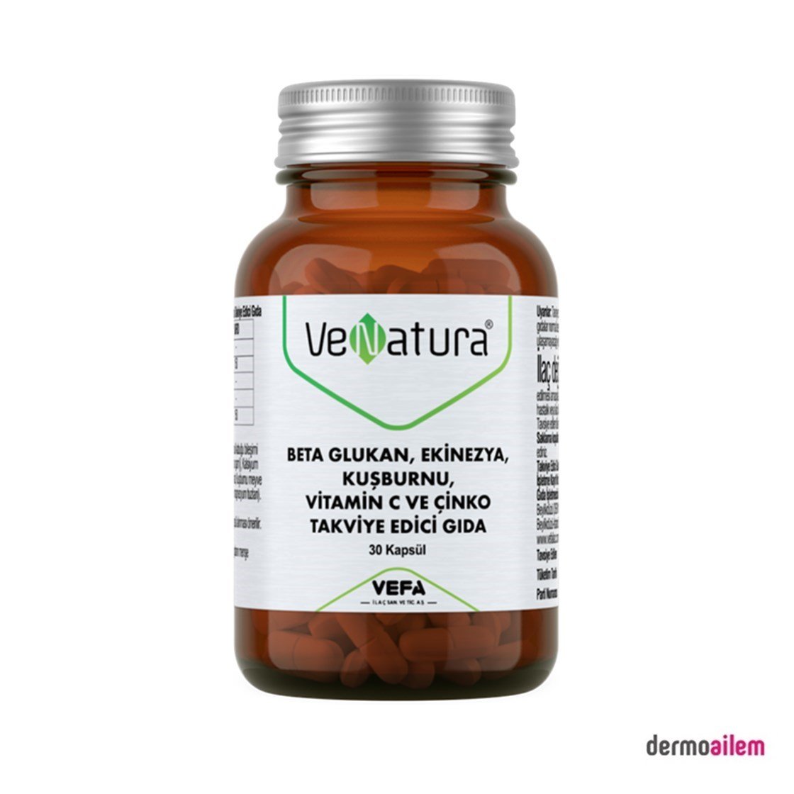 Takviye Edici GıdalarVeNaturaVeNatura Beta Glukan, Ekinezya, Kuşburnu, Vitamin C ve Çinko 30 Kapsül