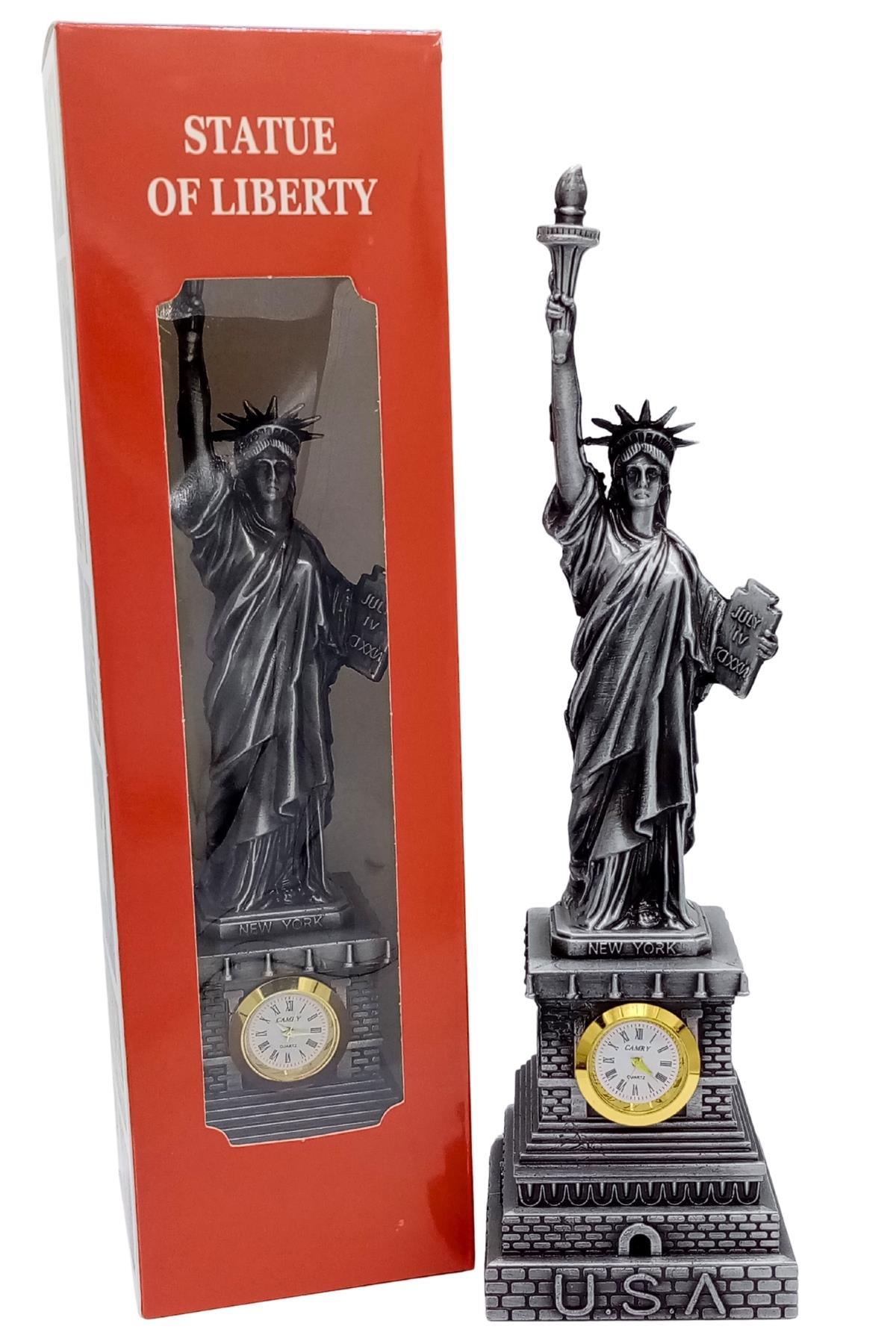 Amerika Birleşik DevletleriDünyadan HediyelerDNY-HDY1683Keskin Hediyelik Eşya Ve TekstilMetal Saatli Özgürlük Heykeli Gümüş Vintage Dekor USA 25cm
