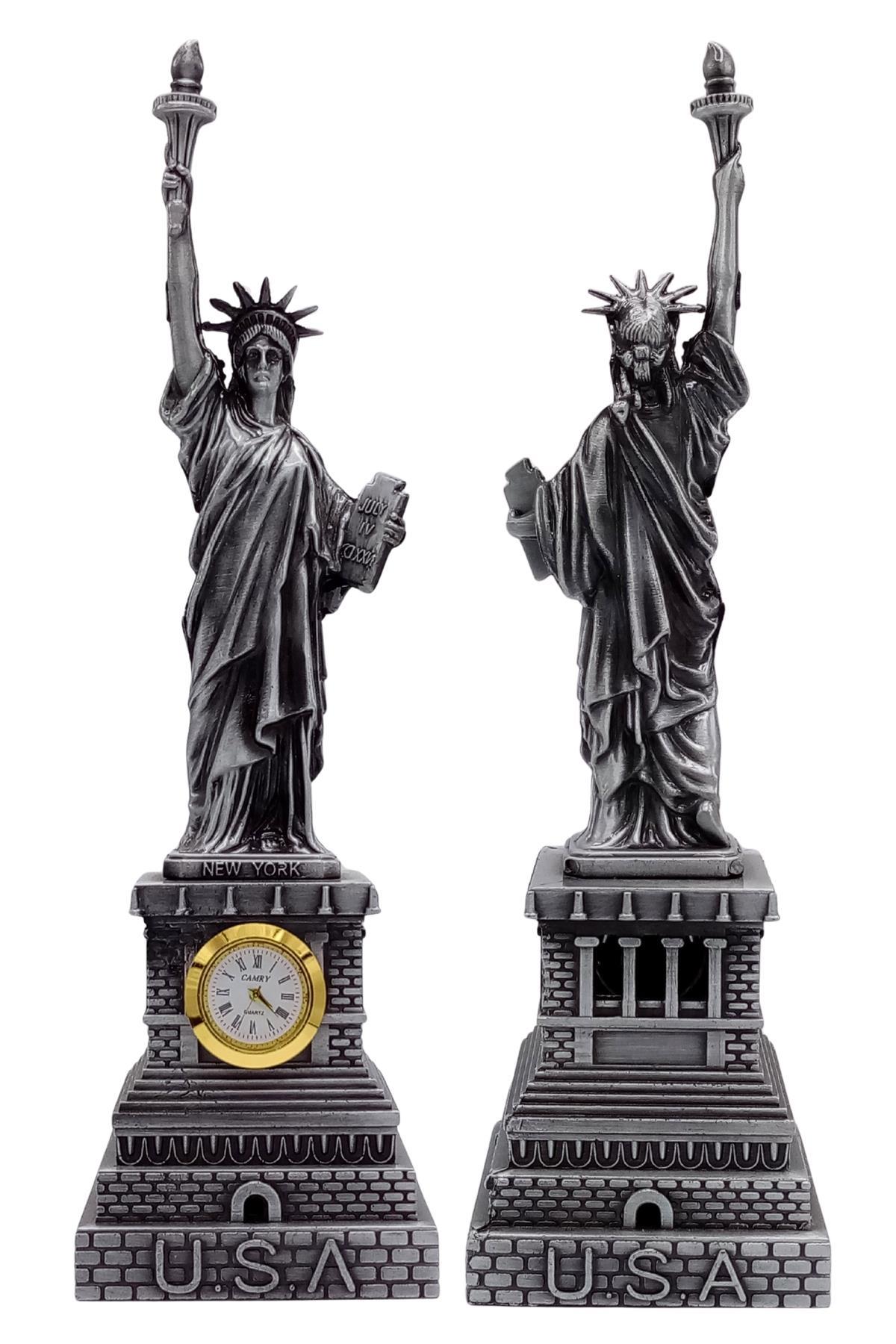 Amerika Birleşik DevletleriDünyadan HediyelerDNY-HDY1683Keskin Hediyelik Eşya Ve TekstilMetal Saatli Özgürlük Heykeli Gümüş Vintage Dekor USA 25cm