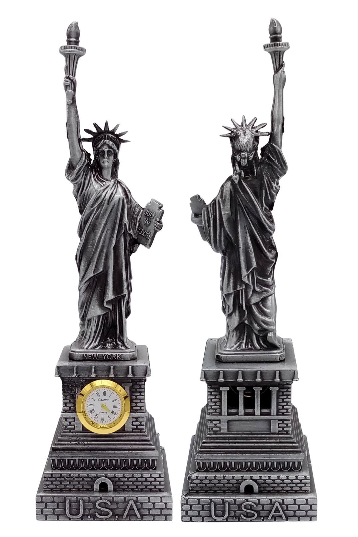 Amerika Birleşik DevletleriDünyadan HediyelerDNY-HDY1683Keskin Hediyelik Eşya Ve TekstilMetal Saatli Özgürlük Heykeli Gümüş Vintage Dekor USA 25cm