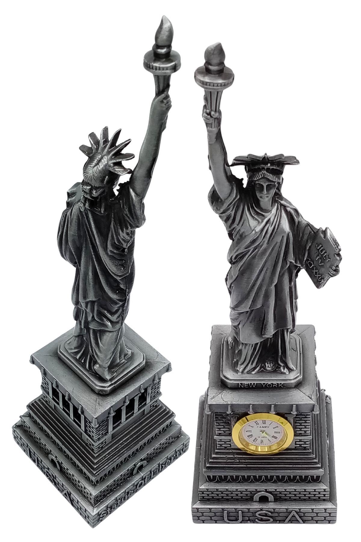 Amerika Birleşik DevletleriDünyadan HediyelerDNY-HDY1683Keskin Hediyelik Eşya Ve TekstilMetal Saatli Özgürlük Heykeli Gümüş Vintage Dekor USA 25cm