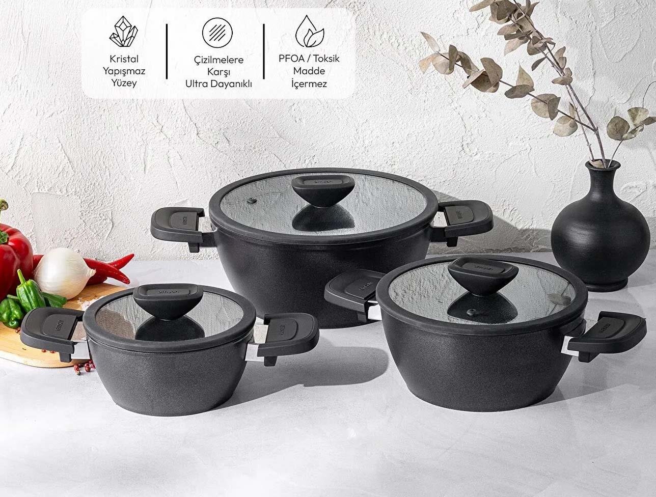 EMSAN DİAMENTE 6 PARÇA MİDİ TENCERE SİYAH