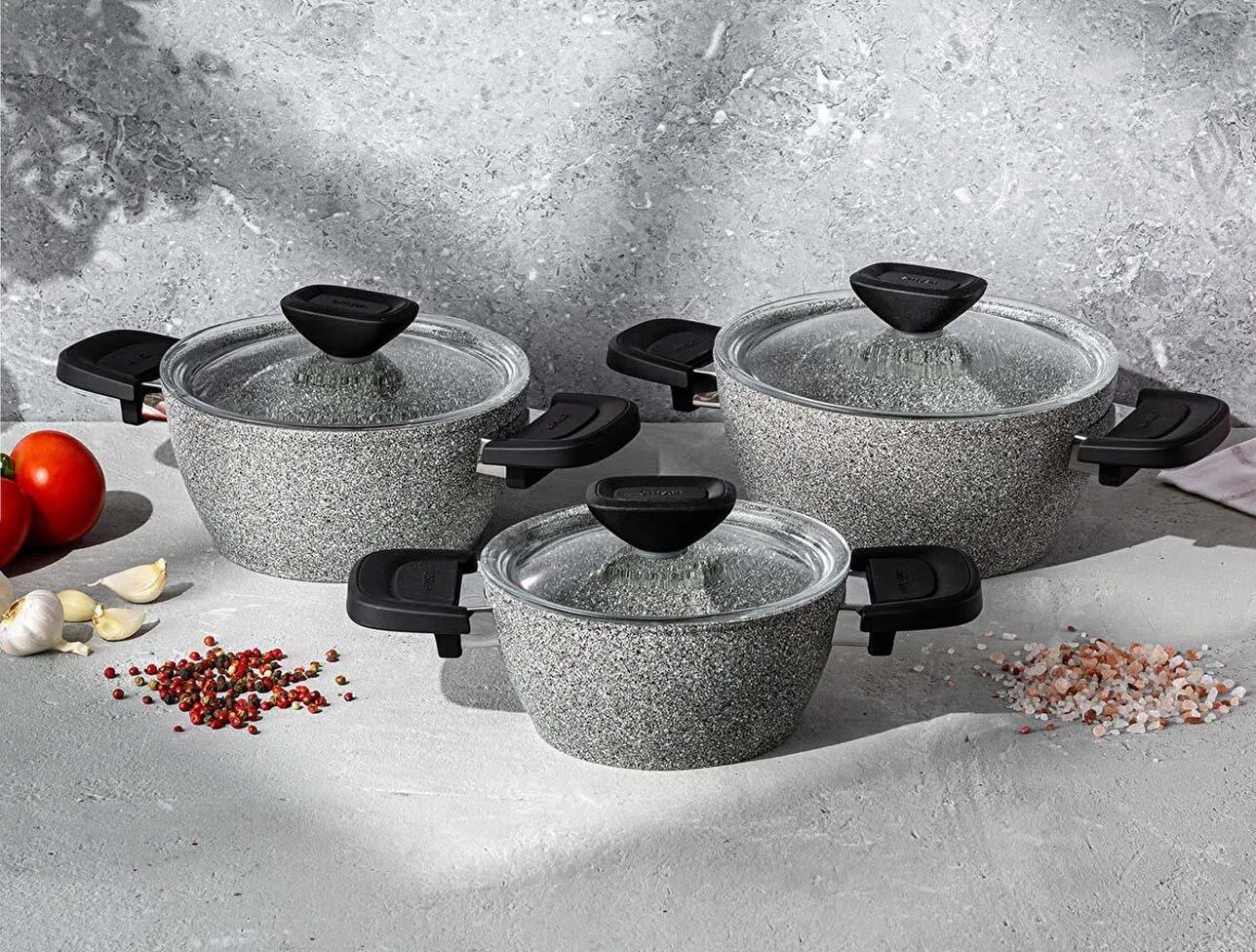 EMSAN FORTIS GRANİT 6 PARÇA MİDİ TENCERE SETİ GRİ