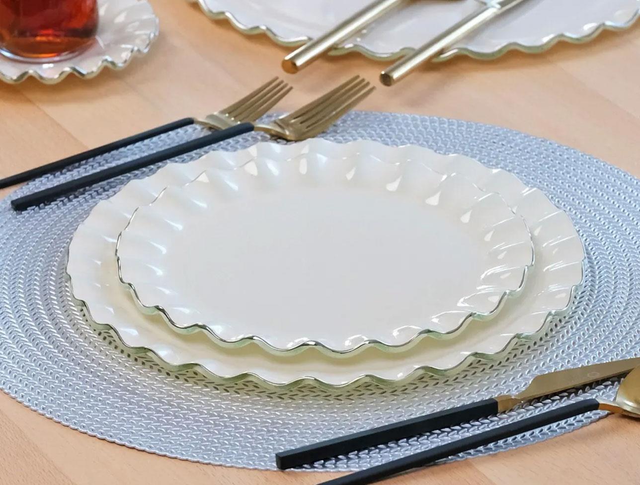 GLORE Solid Krem Wavy Platin Pasta Tabağı 21 Cm 6