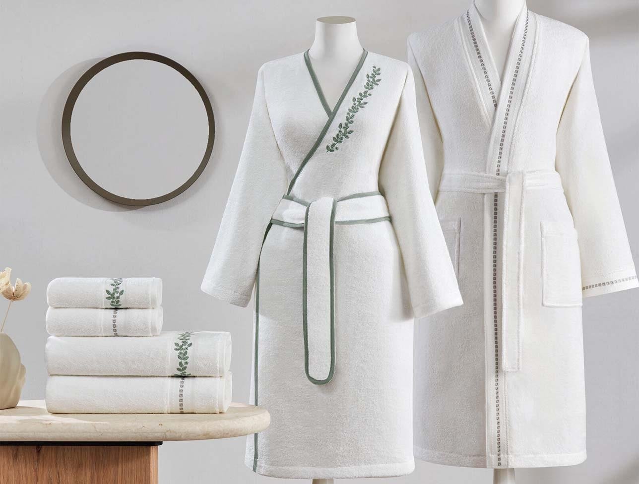 ÖZDİLEK JARDIN KREM YEŞİL AİLE BORNOZ SETİ