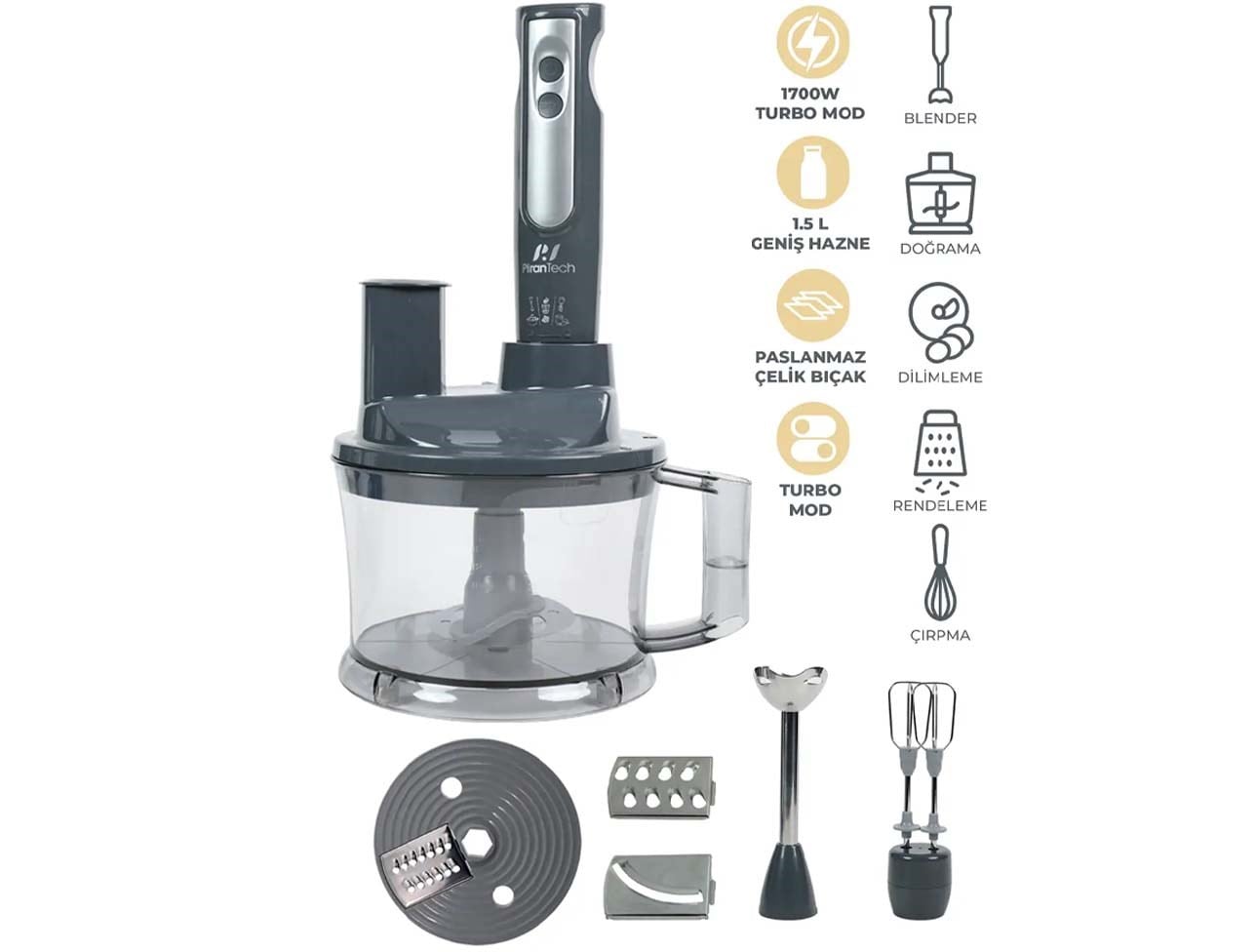 PİRANTECH YH-1420 MUTFAK ROBOTU 4LÜ SET ANTRASİT