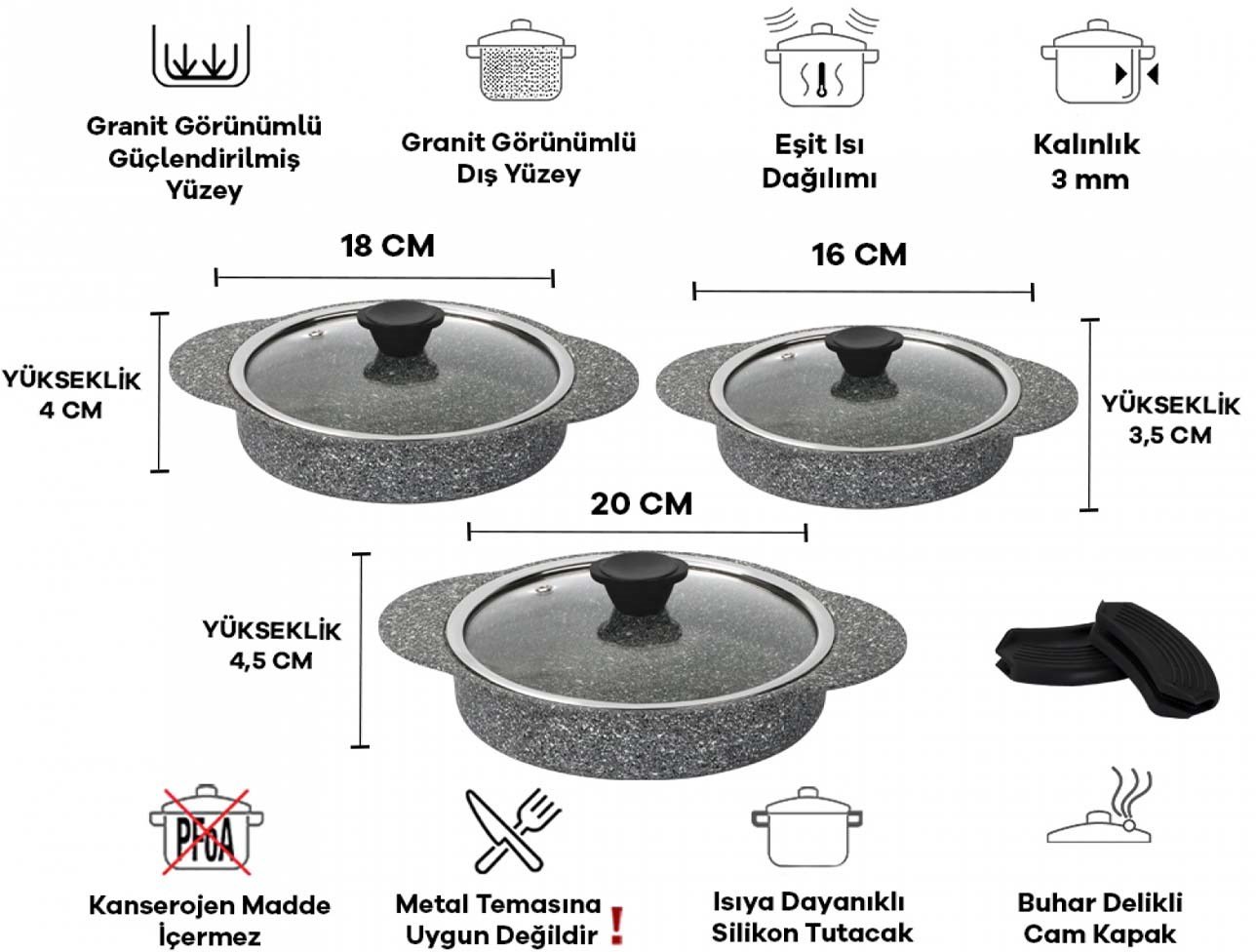 TAÇ 3182 GRANİT PLUS 3 LÜ SAHAN SETİ SİLİKONLU GRİ