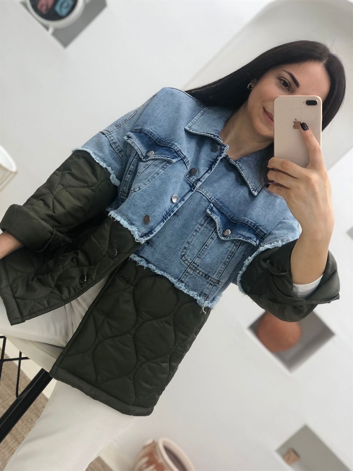 Alt Kısmı Kapitone Üst Kısmı Denim Mevsimlik Ceket-Mavi