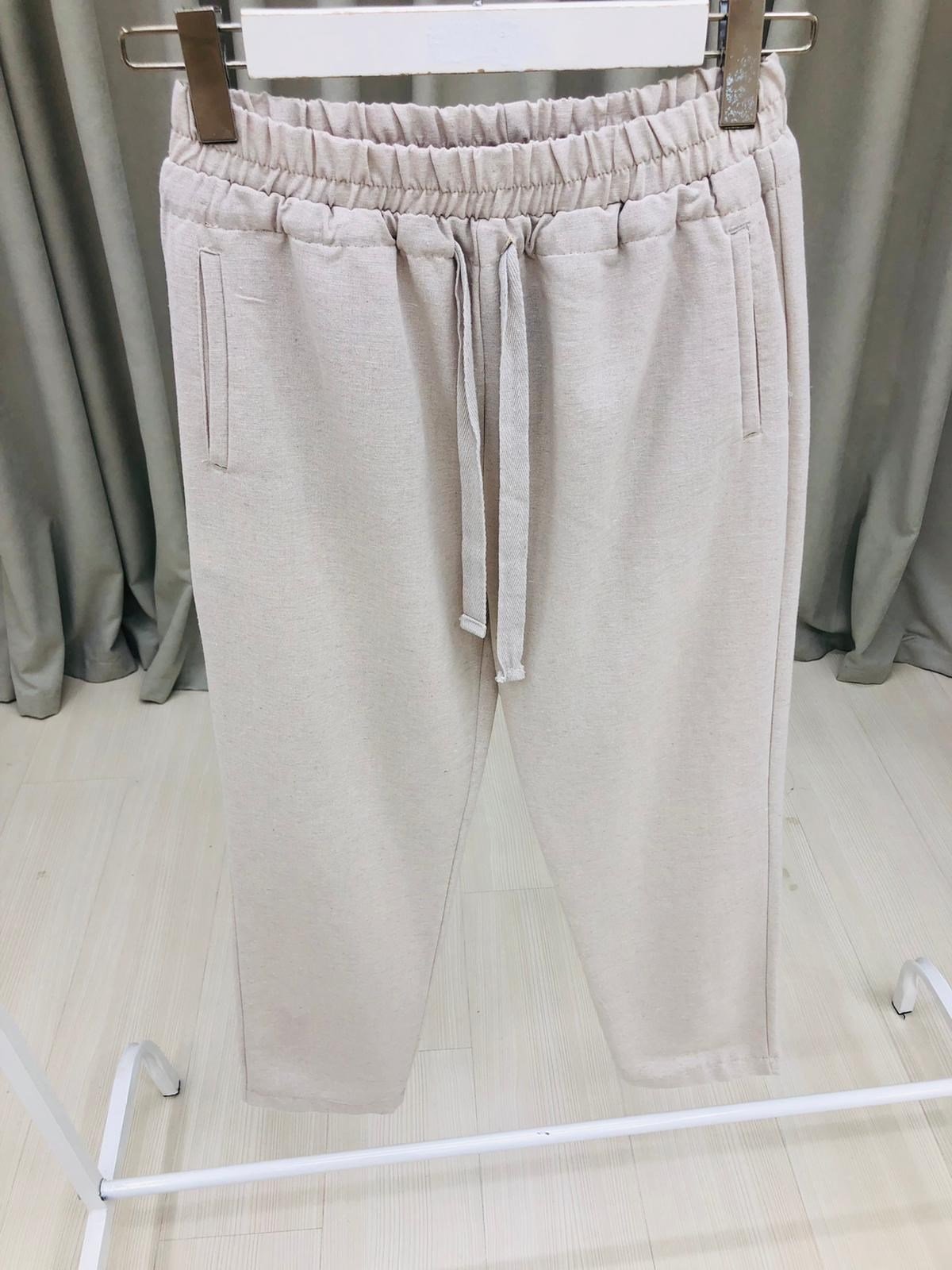 Bel Lastikli ve İpli Duble Paça Pantolon-Bej