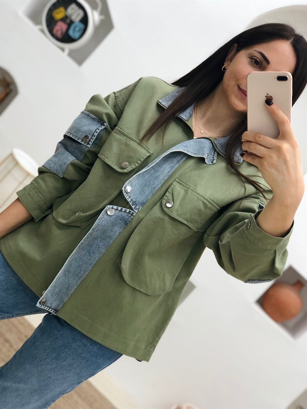 Büyük Cepli Denim Detaylı Mevsimlik Ceket-Haki
