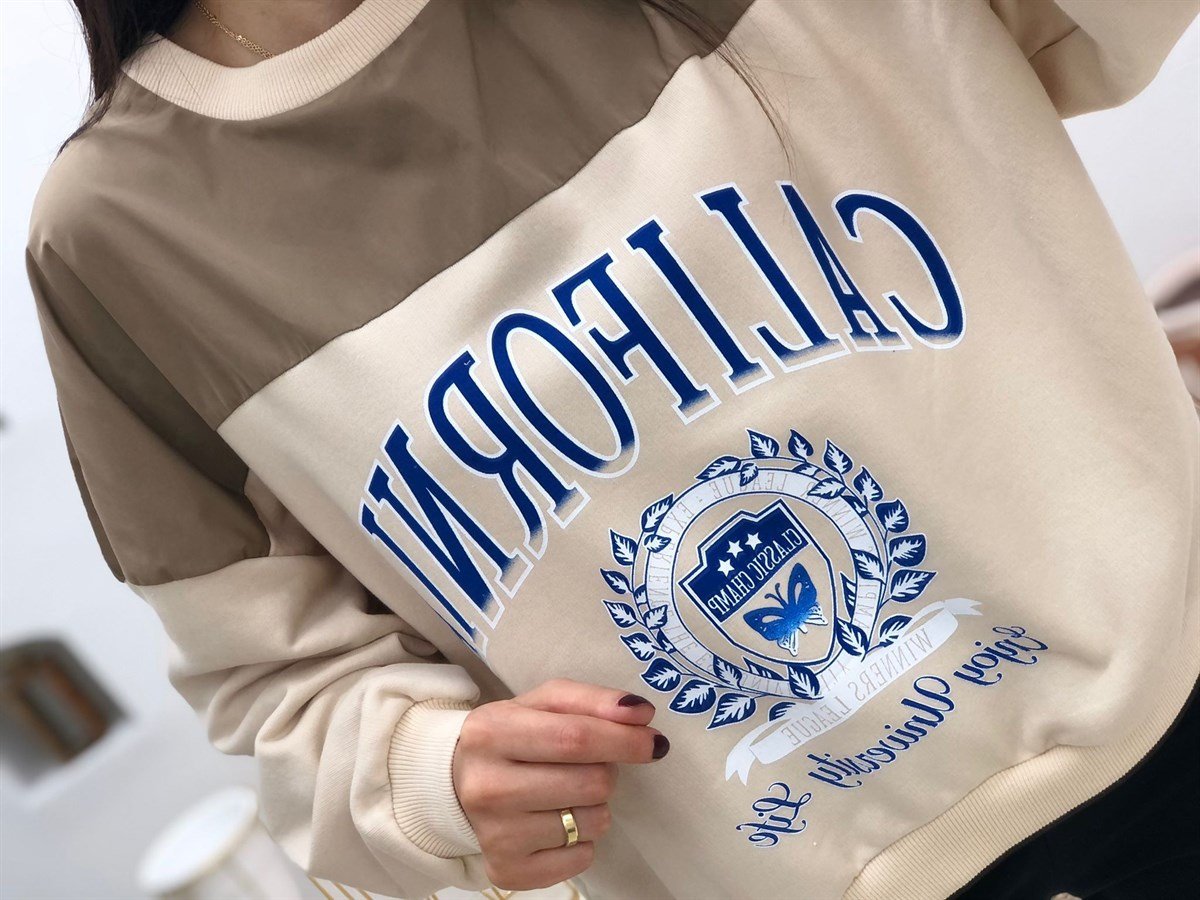 California Baskılı Salaş Sweatshirt-Bej