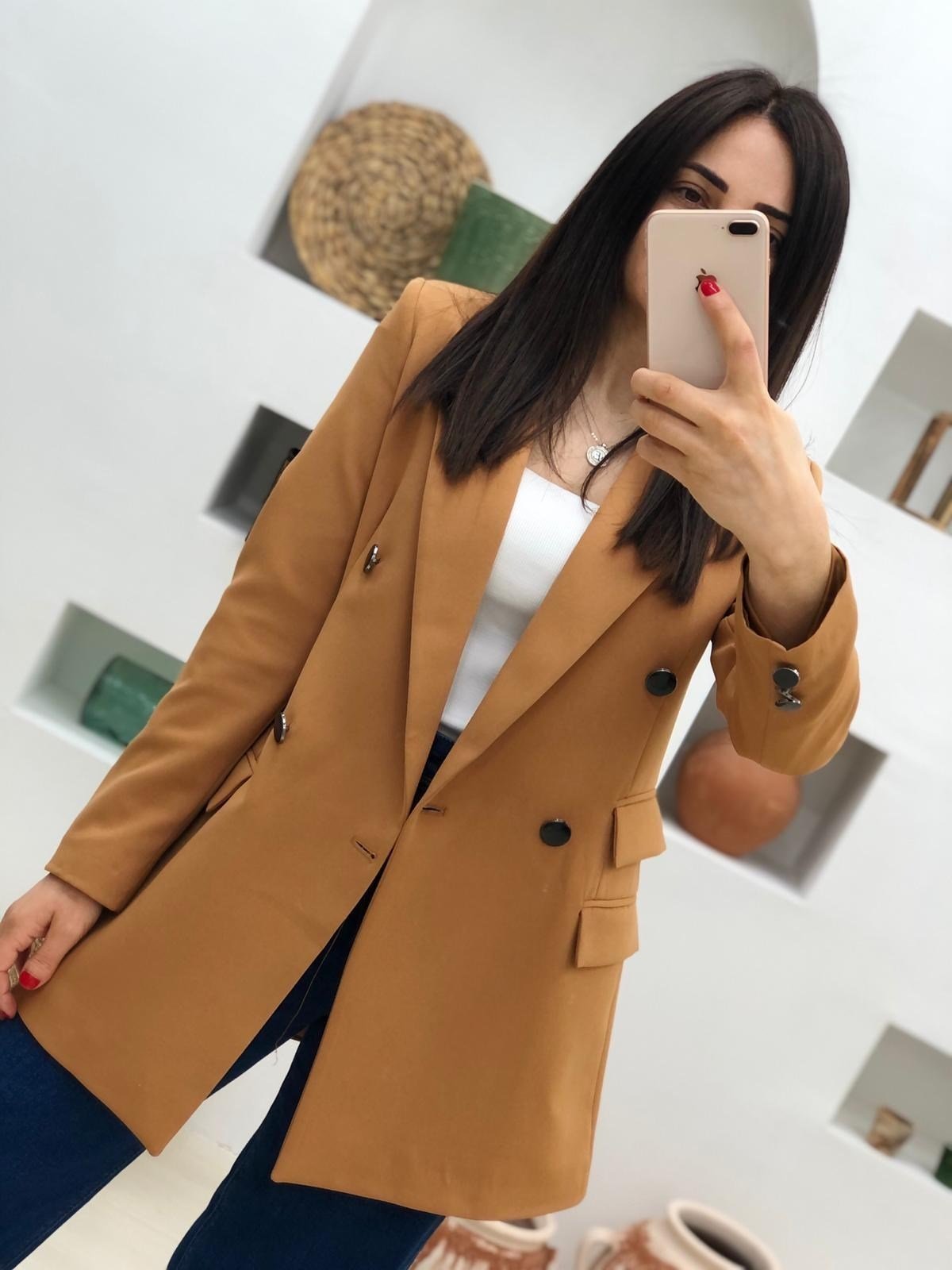 Çift Cepli Düğmeli Ceket-Camel