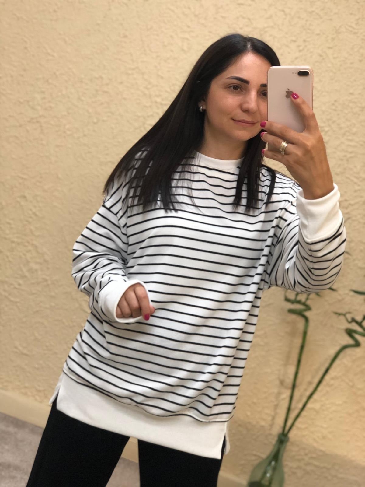Çizgili Uzun Sweat-Ekru