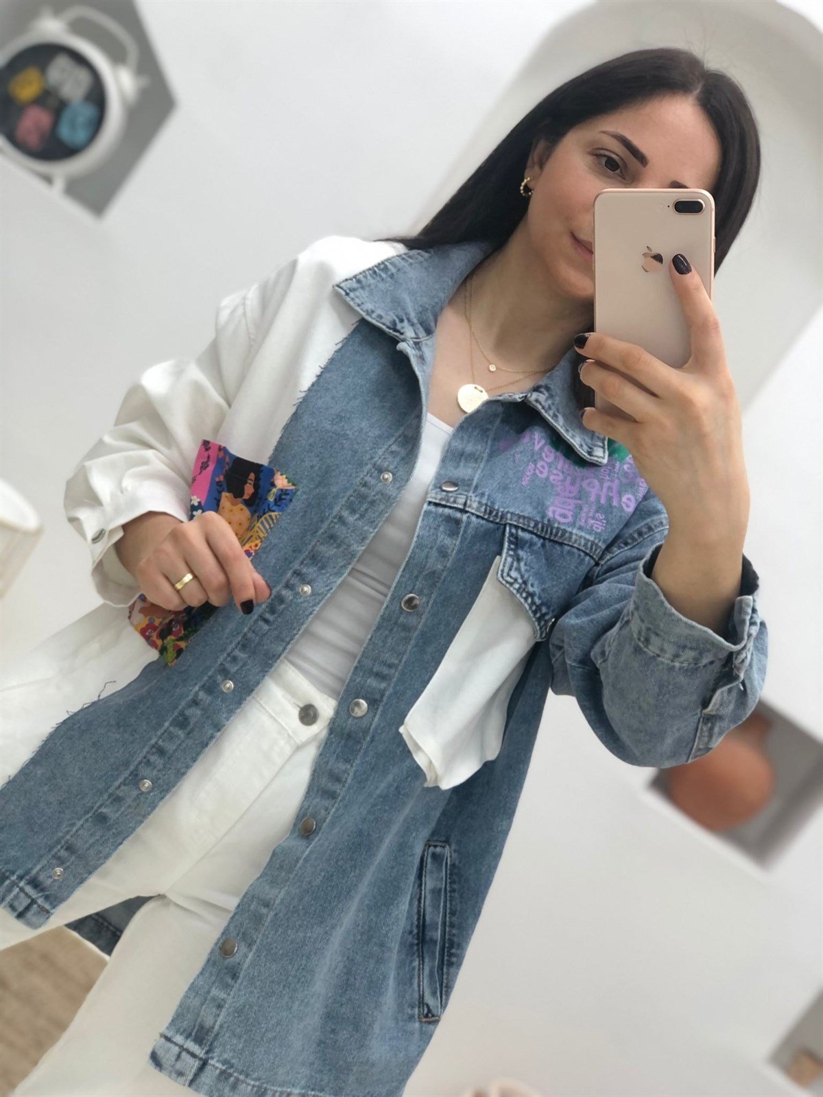 Düğmeli İki Desen Cepli Denim Ceket-Beyaz