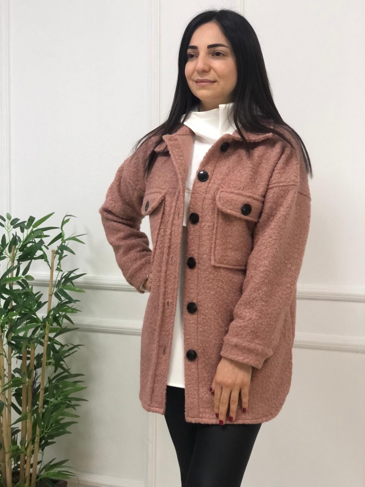 Düğmeli Kalın Gömlek Ceket-Pembe
