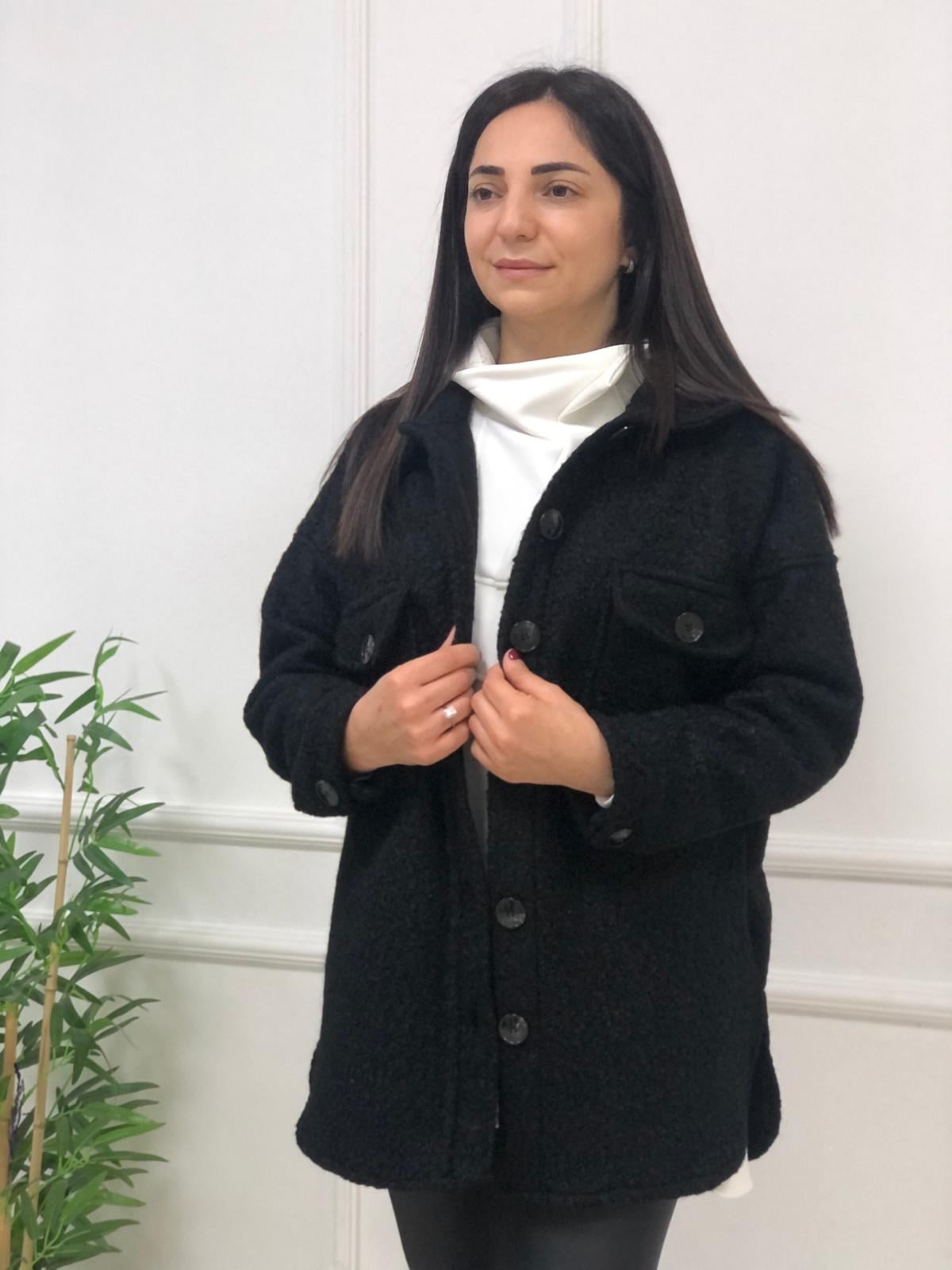 Düğmeli Kalın Gömlek Ceket-Siyah