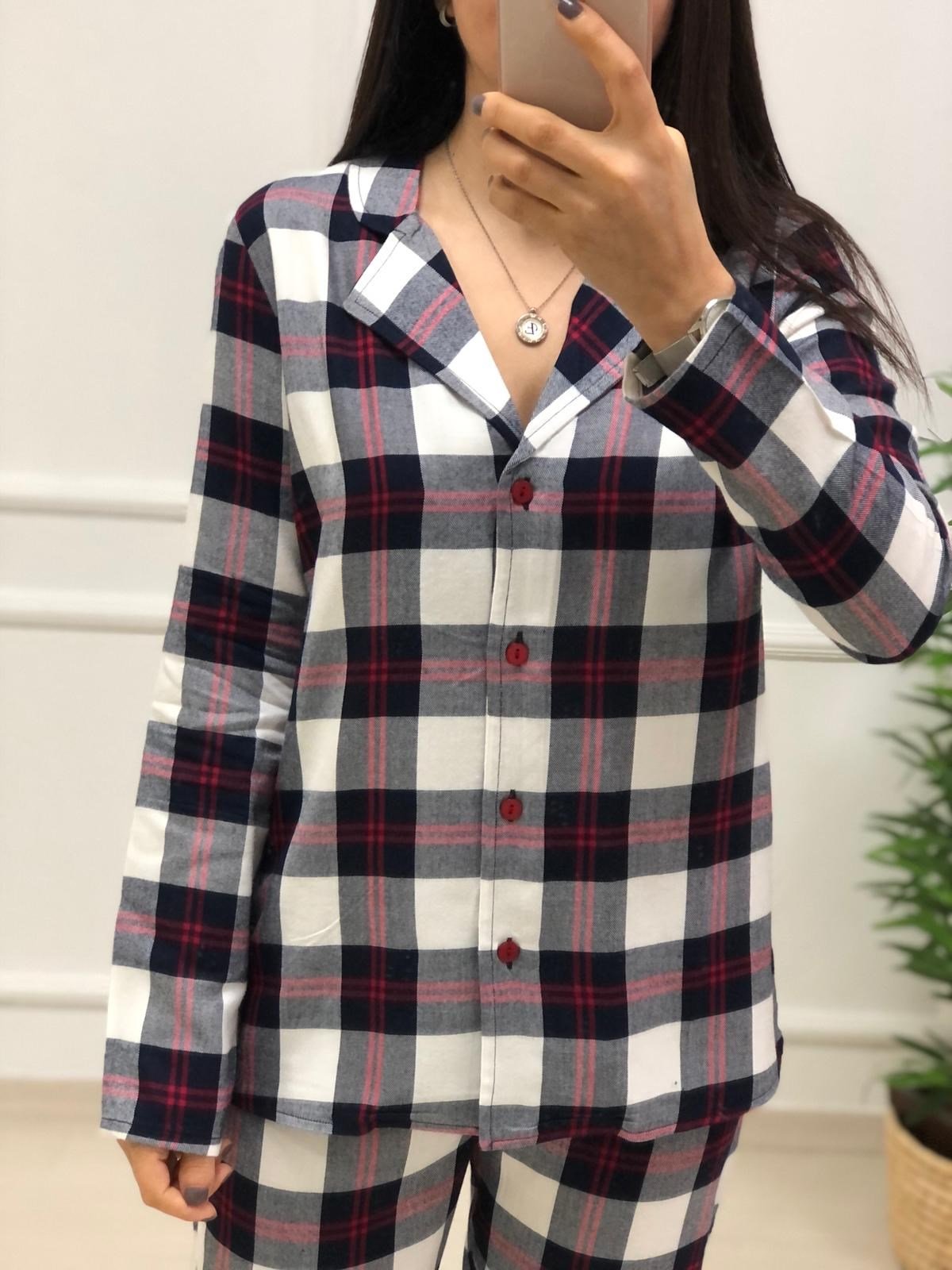Ekose Desen Pijama Takımı-Lacivert-Bordo