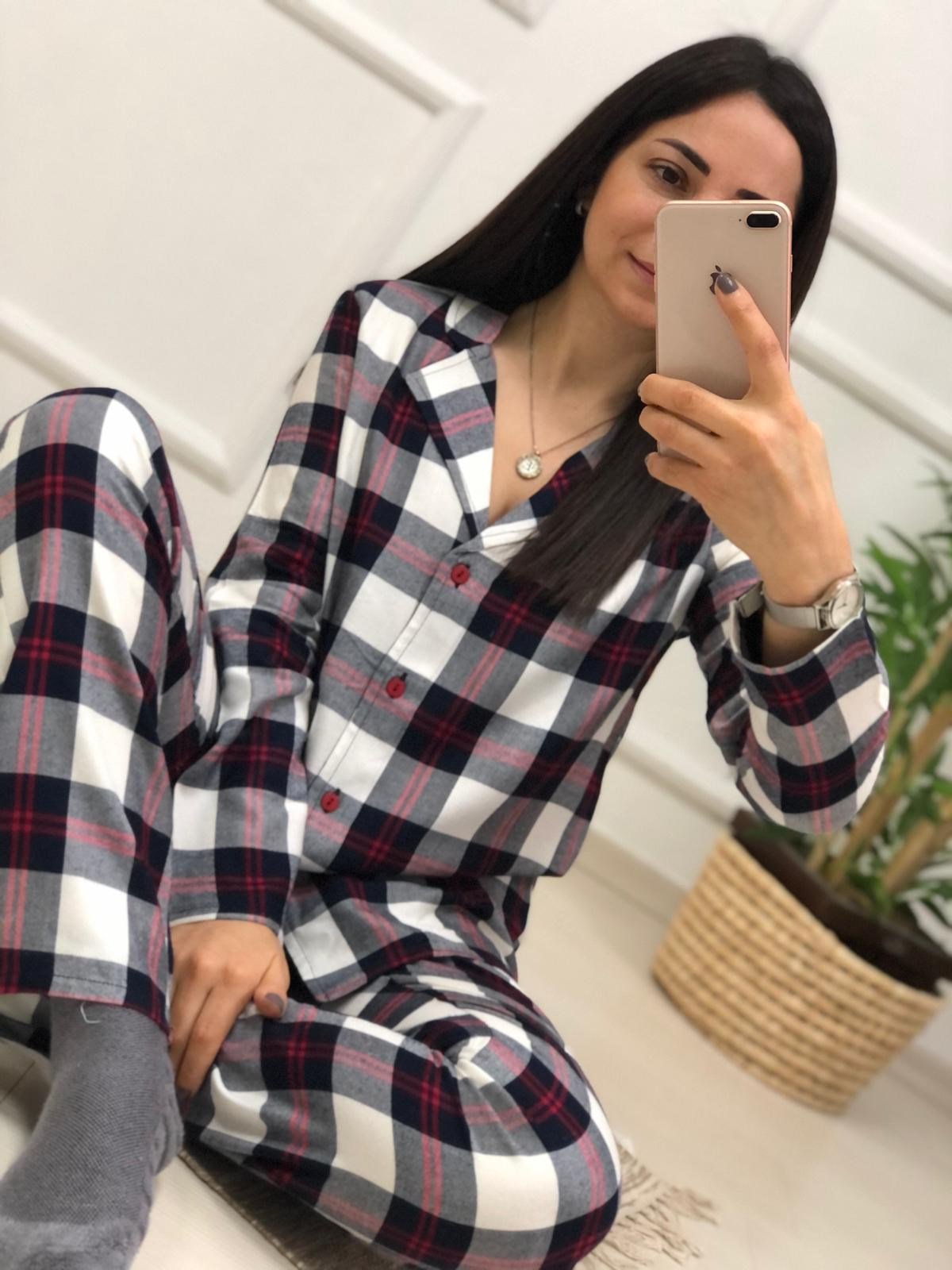 Ekose Desen Pijama Takımı-Lacivert-Bordo