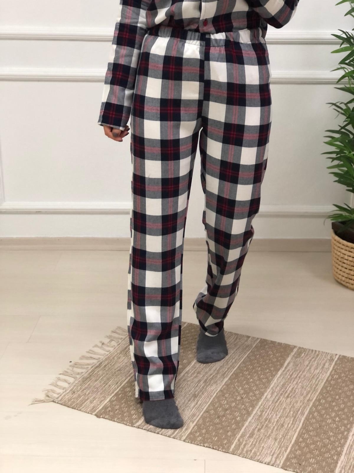 Ekose Desen Pijama Takımı-Lacivert-Bordo