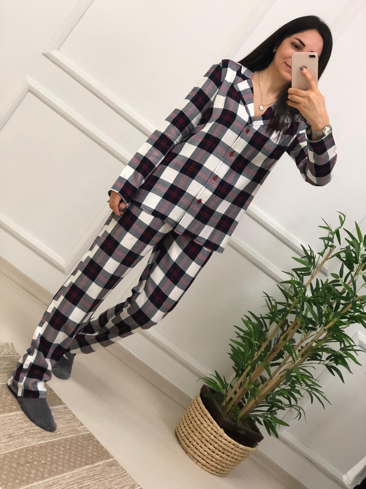 Ekose Desen Pijama Takımı-Lacivert-Bordo